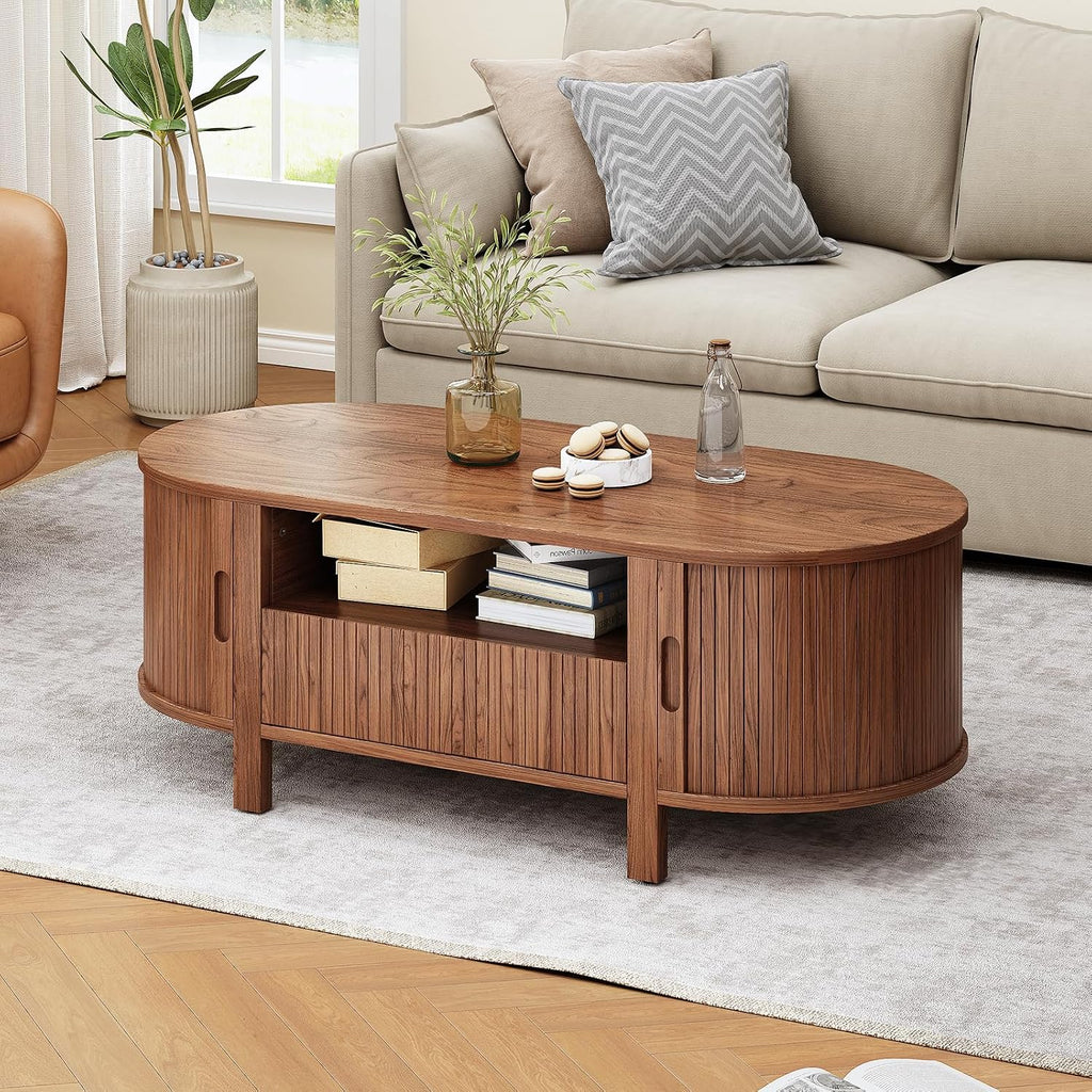 ONBRILL 47.2 Inch Oval Coffee Table with Storage, Mid Century Modern Coffee Table with Drawer, Center Table with Sliding Door and Wood Fluted Handle for Living Room, Walnut