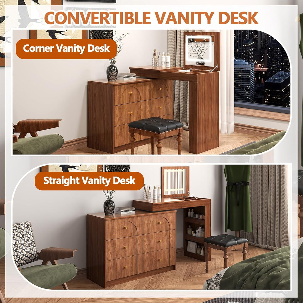 Convertible Brown make up Vanity Desk with Mirror and Lights, Wood Corner Makeup Desk & Large Makeup Table with 7 Storage Drawers / 9 Jewelry Compartments / 3 Shelves / Flip-Top Tabletop (Walnut)