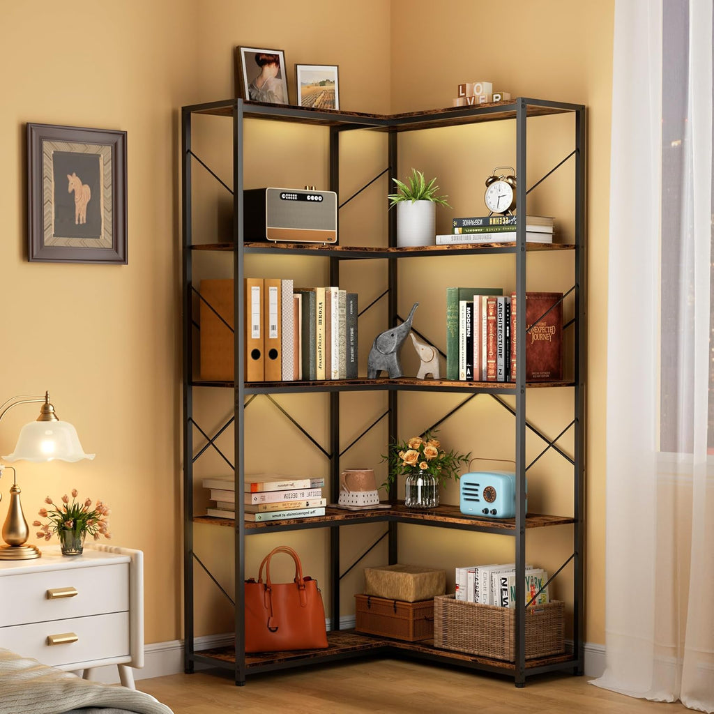 5 Tiers Corner Bookshelf, L-Shaped Bookcase Storage Organizer, Display Shelf Free Standing Book Shelf for Home Office, Living Room, Kitchen, Bedroom, Grey