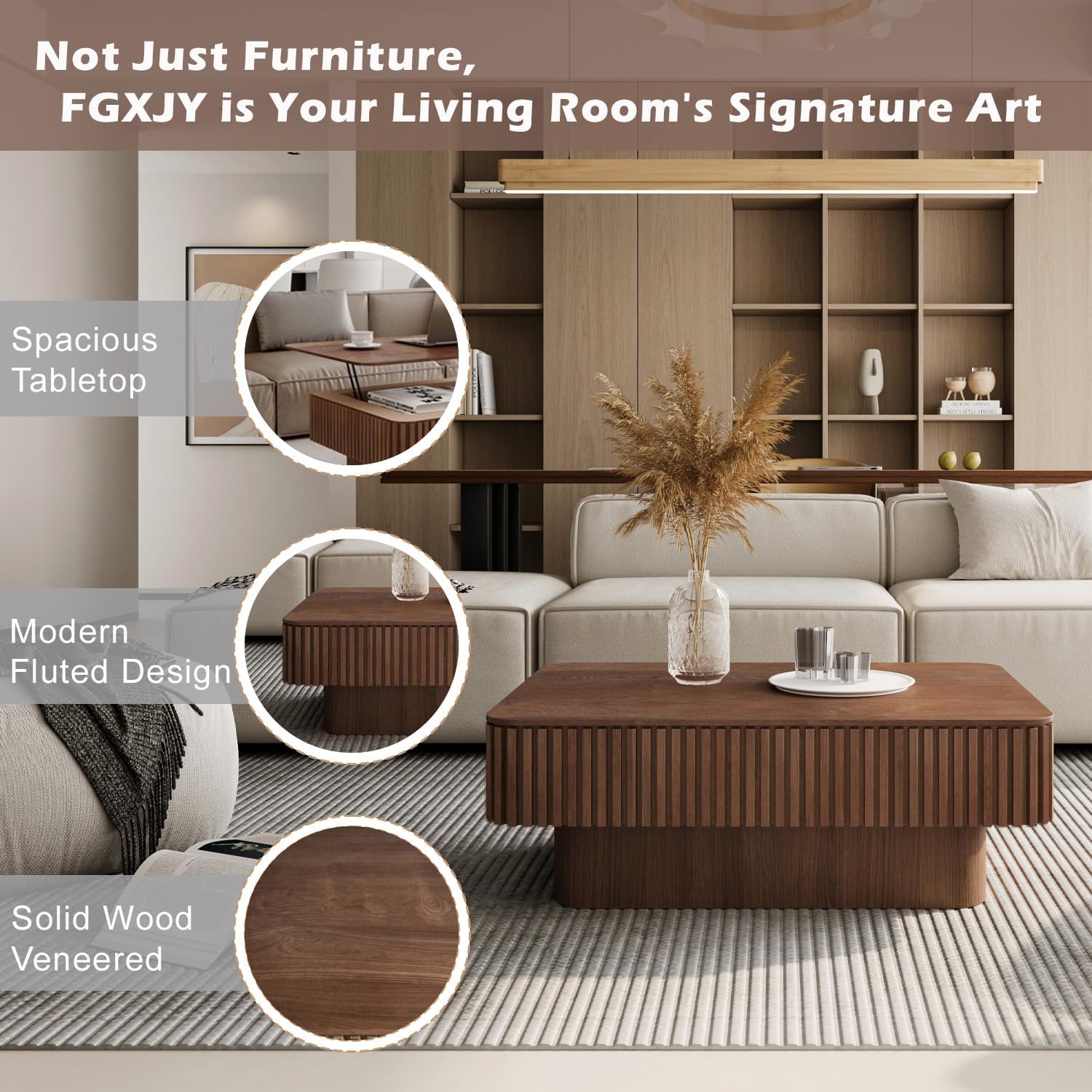 Lift Coffee Table with Storage & Adjustable Height, Solid Wood Coffee Table Fluted Center Table Accent Tea Table or Living Room, Apartment, Office (38.6' Walnut)