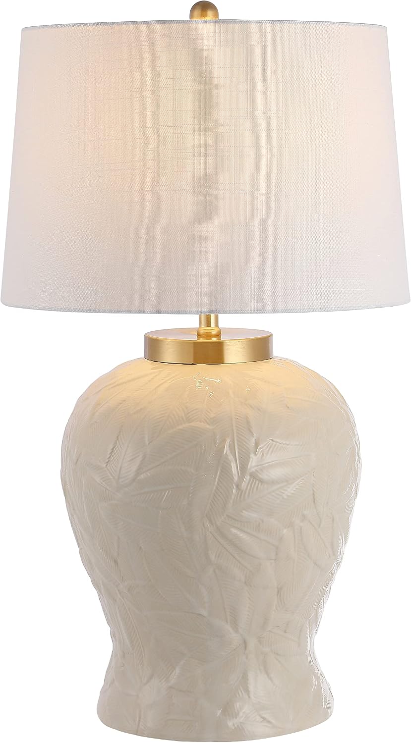 JONATHAN Y 31.5' Cream Ceramic Palm Leaf Table Lamp, Bohemian Cottage Tropical Pattern Lamp for Bedroom Living Room, White Linen Empire Shade, LED Bulb Included JYL6617A