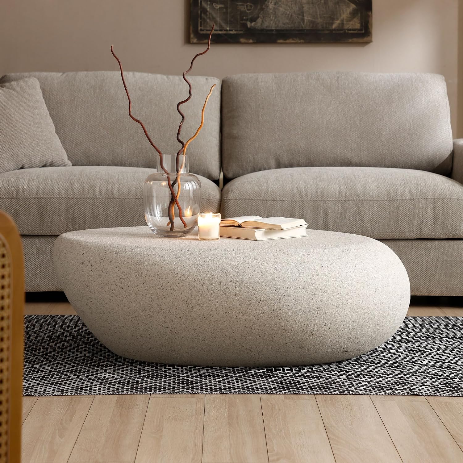 43.3' Fiberglass Elliptical Oval Vintage Coffee Table for Living Room,Irregular Center Matte Rocks Table Front of The Sofa,No Need Assembly,Cream White