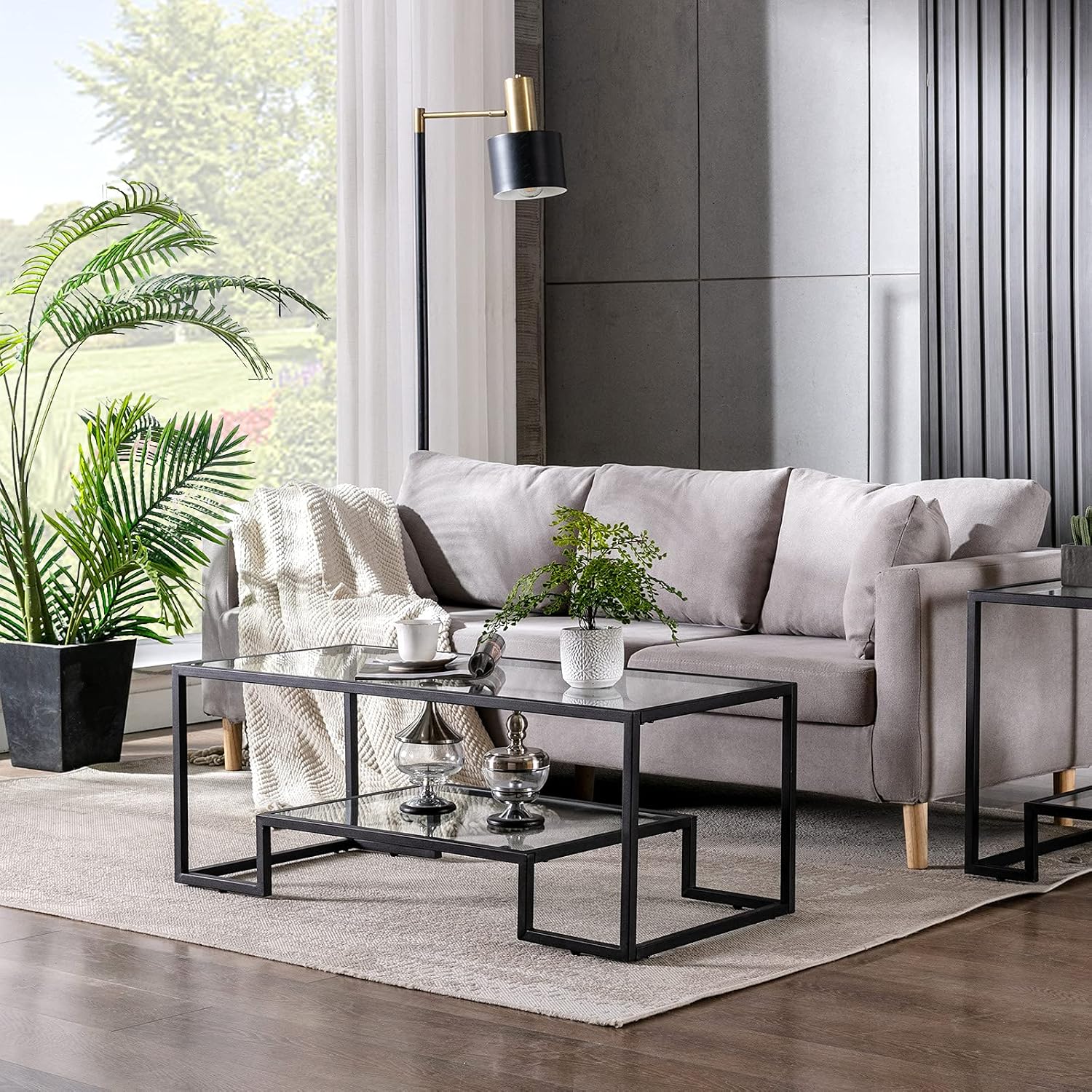 Metal Glass Coffee Table, Black Accent Modern Tempered Glass Side Table, Additional Storage Shelf, for Living Room Home Classy Furniture Office Decor