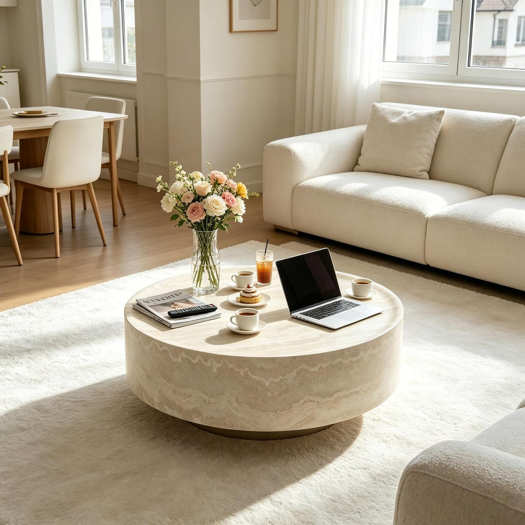 Faux Marble Round Coffee Table, 31.5' Luxury Circle Coffee Table, Drum Stone Center Table, Beige End Table, Minimalist Sofa Accent Table for Living Room Apartment Office