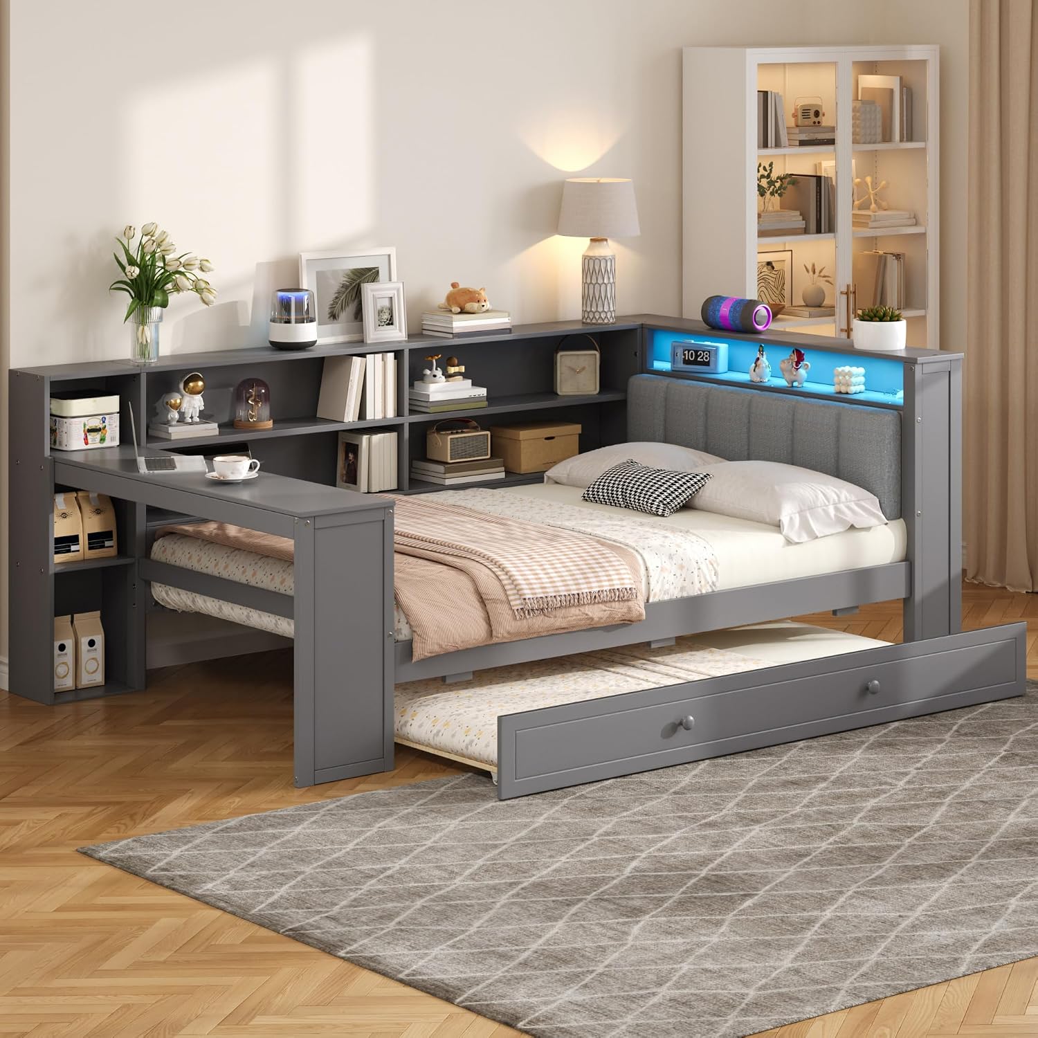 Merax Multifunctional Twin Size Daybed with Trundle, Built-in Desk, Wood Corner Bed with 8 Storage Shelves, Charging Station, and Upholstered Headboard, Grey