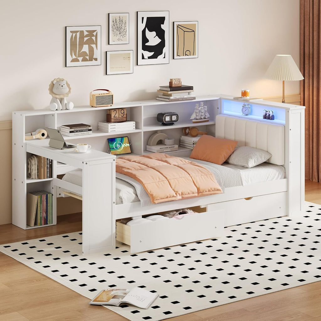 Wood Twin Size Daybed with Storage Shelves and Desk, L-Shaped Corner Platform Bed Frame with Upholstered Headboard and 2 Drawers for Office Living Room Bedroom, Space-saving (White-7.16, Twin)