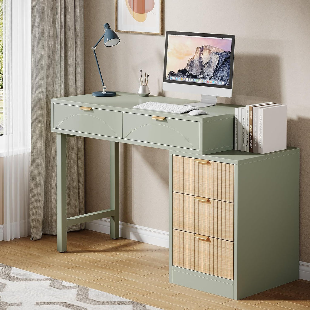 Tribesigns Computer Desk with 5 Drawers, Reversible Small Writing Desk with Storage, Modern Wooden Study Table Workstation for Home Office, Small Spaces, Mint Green