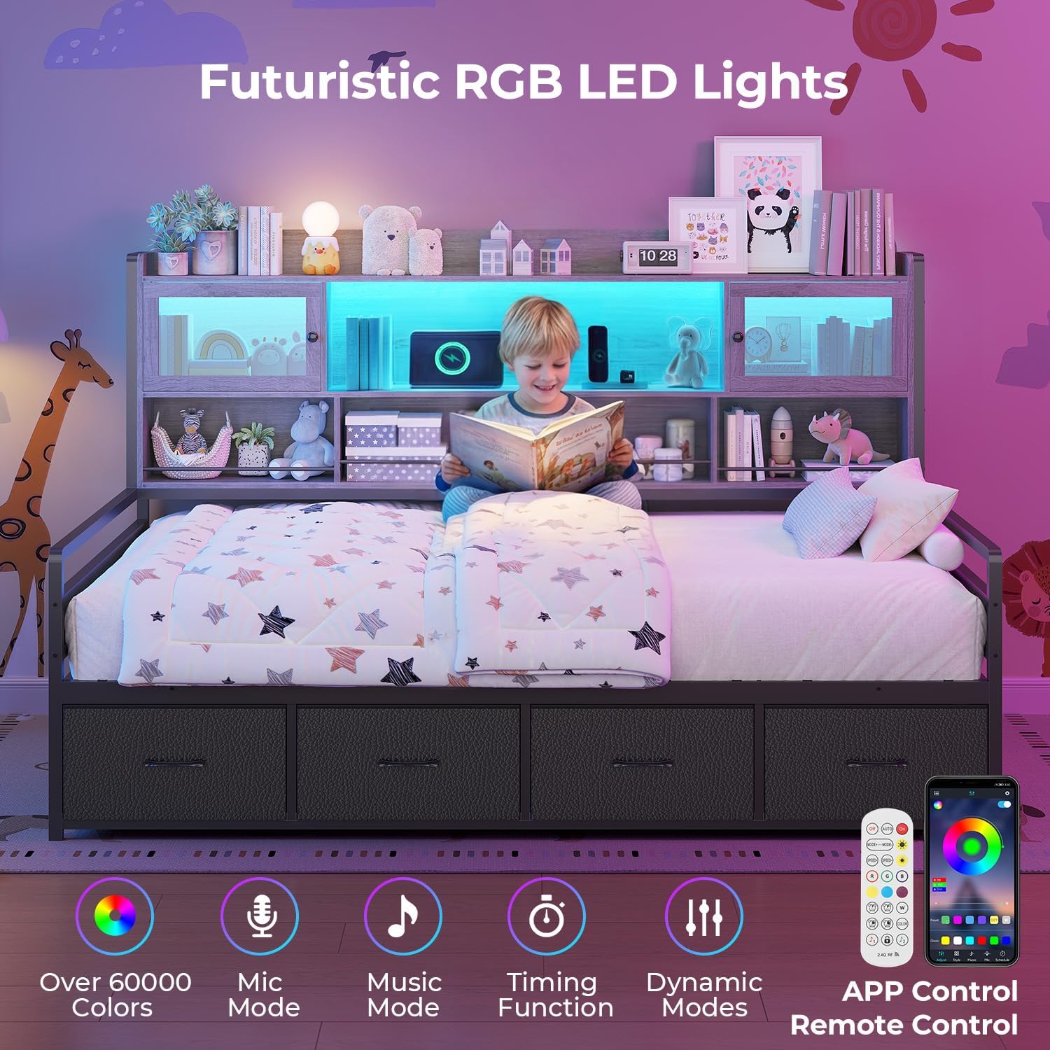 BTHFST Twin Daybed with 4 Storage Drawers & 3-Tier Bookshelf, Day Bed with RGB Lights & Charging Station, LED Corner Bed Frame with Storage Headboard for Bedroom, Living Room, Guest Room, Grey