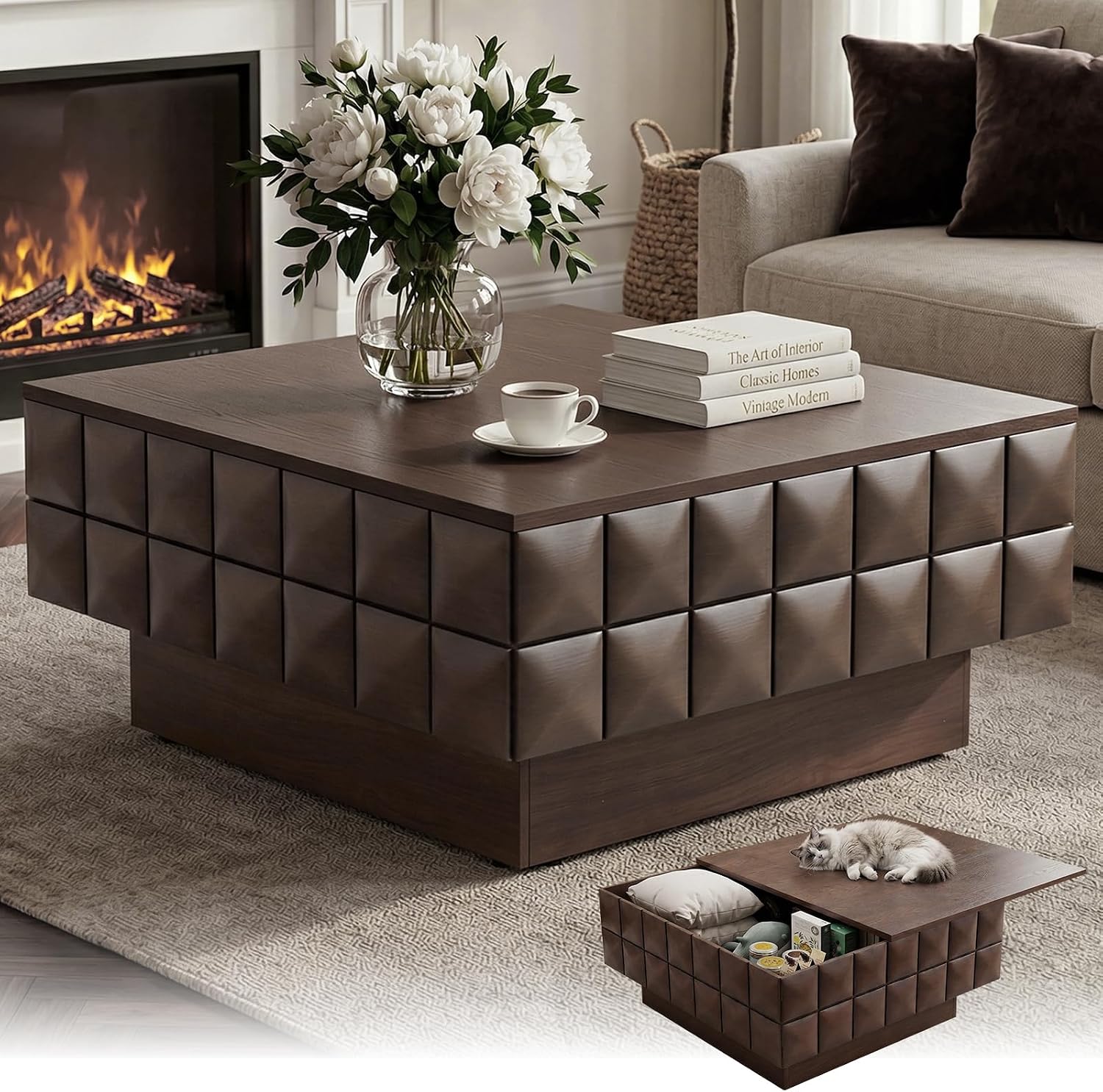 LKTART 31.89' Square Coffee Table with Hidden Storage, Mid-Century Modern Center Table with 3D Sculpted Texture, Lift-Off Flip Top Coffee Tables for Living Room Blankets & Pillows, Real Wood Veneer