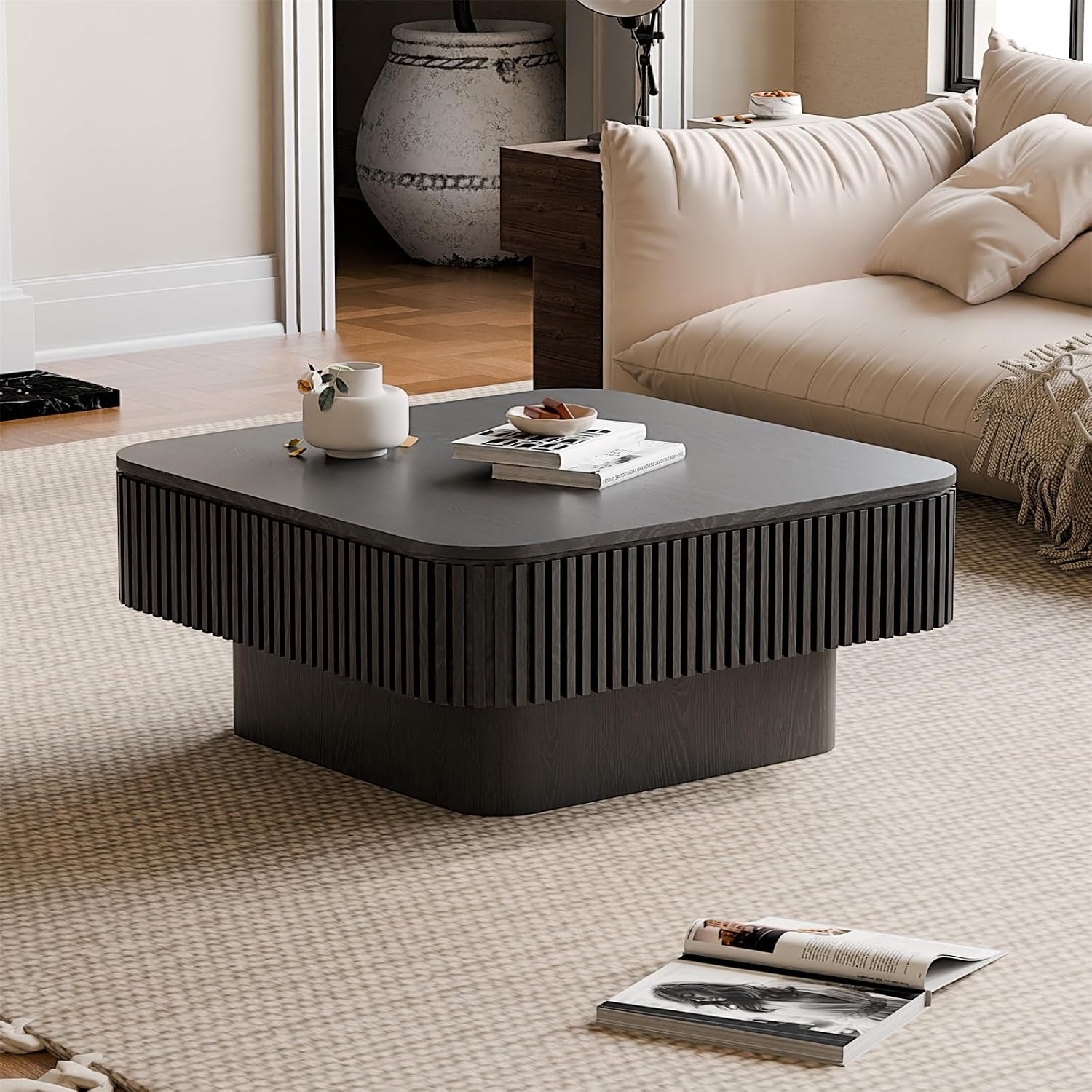 Square Coffee Table for Living Room,Fluted Drum Accent Tea Center Table with Storage,Solid Wood Modern Coffee Tables for Small Space Office Apartment (31.5' L×31.5''W×14''H-Black)