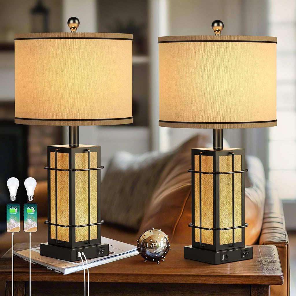 Black Table Lamps Set of 2, 24' Farmhouse Lamps for Living Room with USB C+A Ports, Industrial Retro Lamps for Bedroom, Nightstand Light Fixture, 2 Bulbs Included