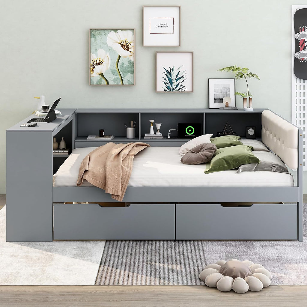 Bellemave Full Size Corner Bed Frame with Storage Drawers and Desk,Captain Daybed with L-Shaped Bookcase,Corner Bed Frame Full Size with Charging Station for Kids,Teens,Guests,Gray