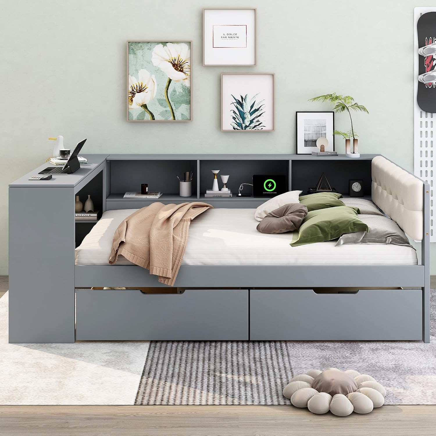 Bellemave Full Size Corner Bed Frame with Storage Drawers and Desk,Captain Daybed with L-Shaped Bookcase,Corner Bed Frame Full Size with Charging Station for Kids,Teens,Guests,Gray