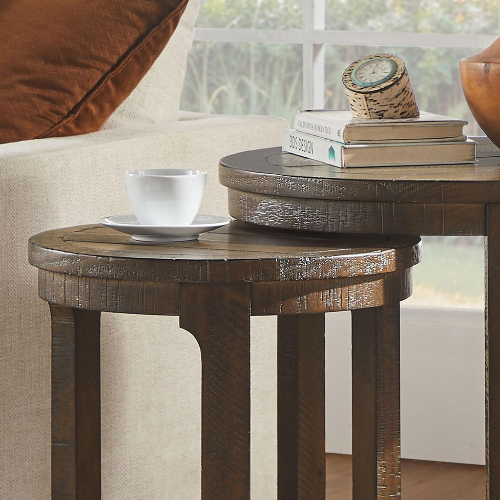 WILLIAMSPACE 24' Round Nesting Coffee Table Set of 2, Solid Wood Coffee Tables Mid Century Rustic Farmhouse Side End Tea Table for Living Room, Apartment (Drak Brown)