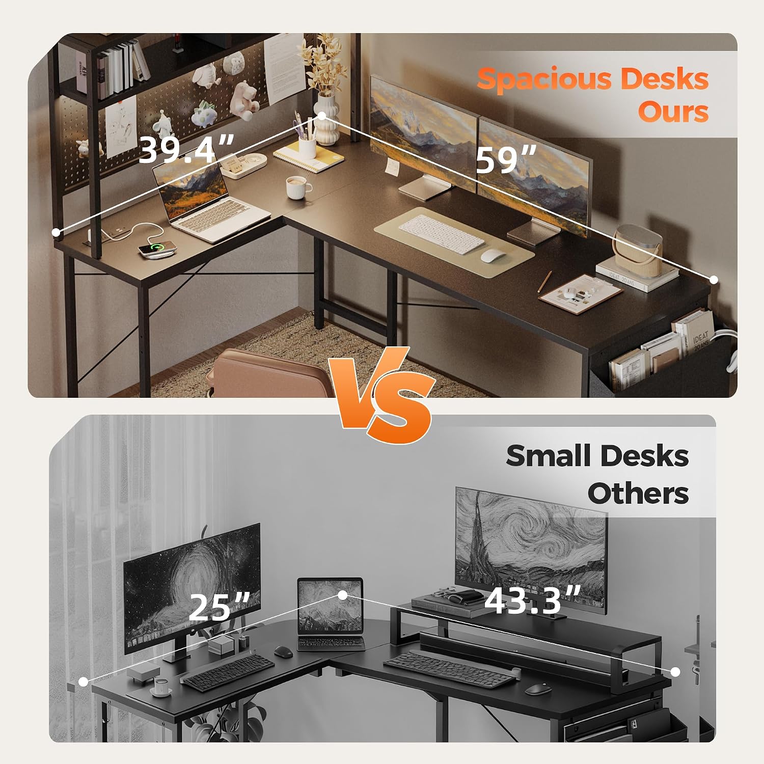 Mericonia 59 inch Large L Shaped Desk with Pegboard Hutch & Shelves, Corner Gaming Desk with Power Outlet, LED Light & Storage Bag, Reversible Computer Desk for Home, Bedroom, Office Workspace, Black
