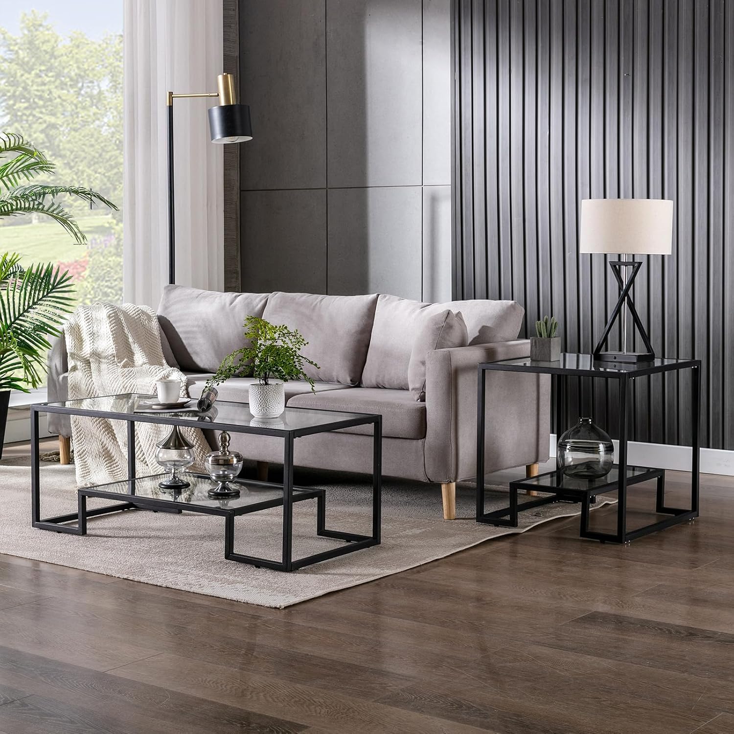Simple Modern Glass 3-Piece Table Set, Includes Coffee Table and 2 End Tables, Black