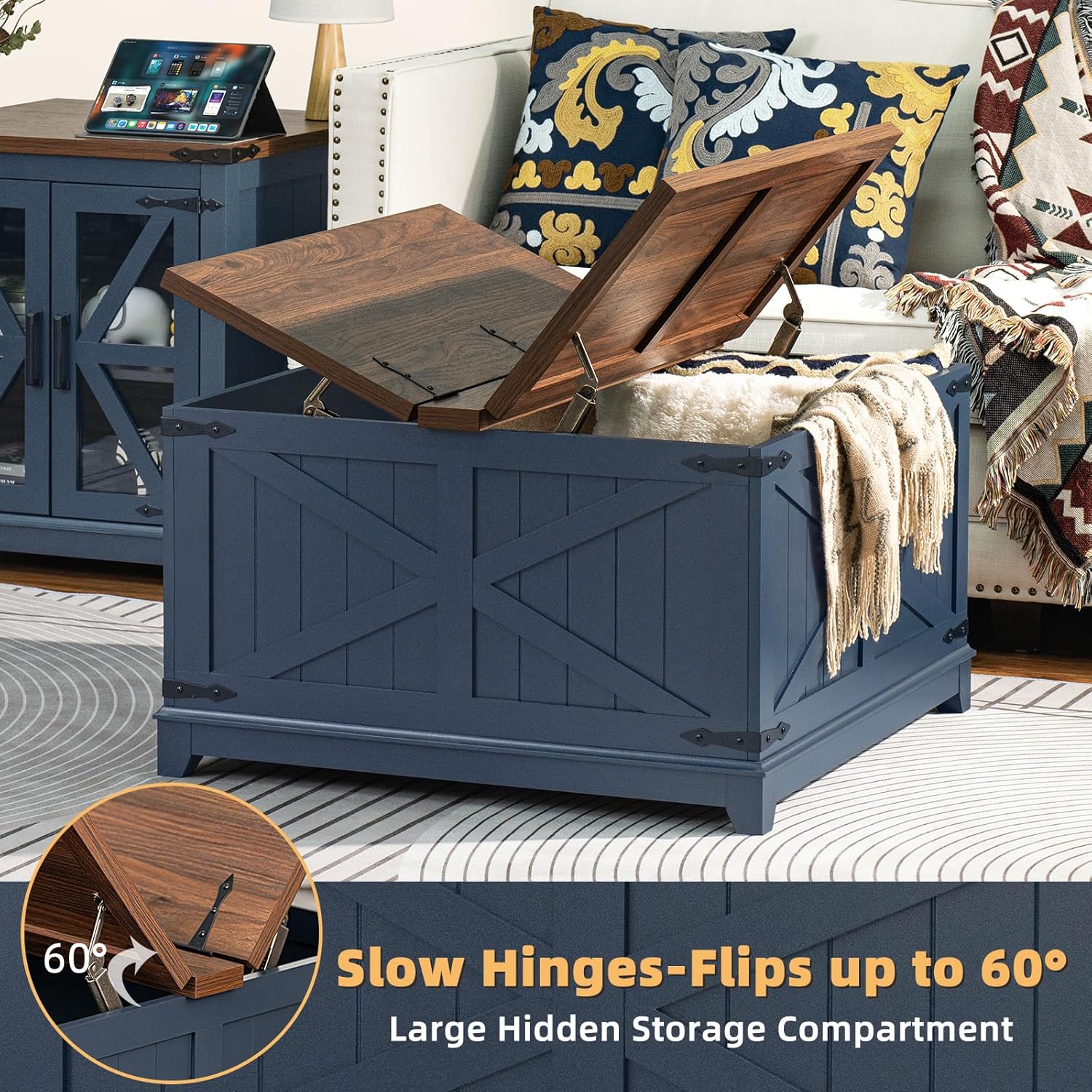 Joaxswe Farmhouse Coffee Table Set of 3, Narrow NightStands with Glass Barn Door Storage, Large Coffee Tables with Hidden Storage Organizer, Furniture Sets for Office, Living Room, Blue