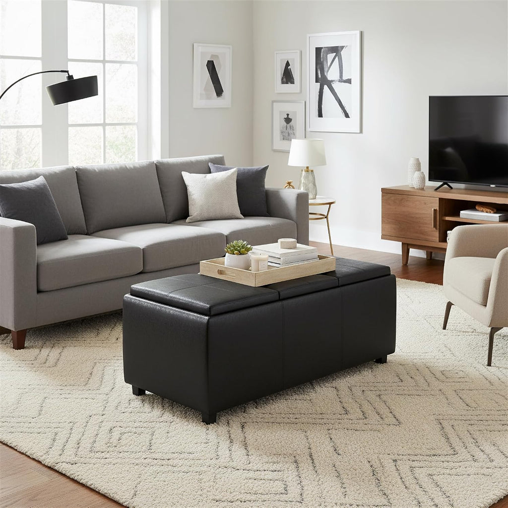 SIMPLIHOME Avalon Storage Ottoman - 42 inch Wide Upholstered Vegan Leather Rectangular Flip-Top Ottoman in Distressed Black, Contemporary Coffee Table Ottoman for Living Room with Hidden Storage