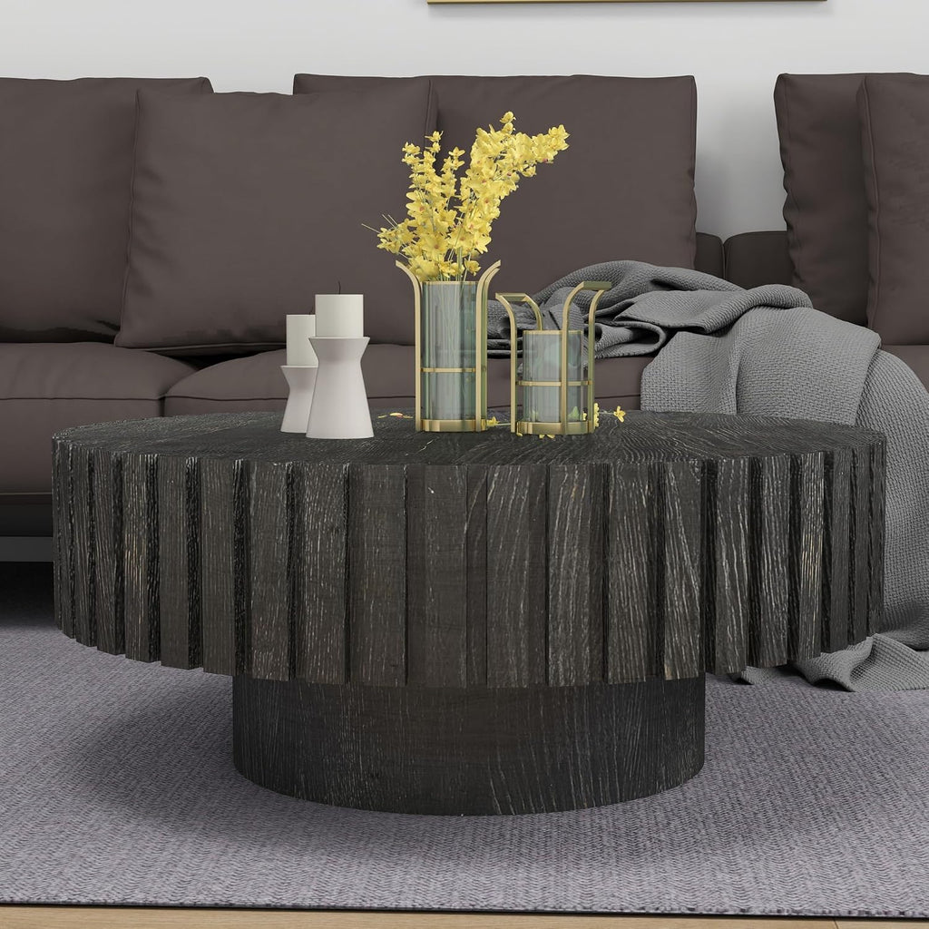 Round Coffee Table, 31.5' Circle Wood Center Table with Pedestal, Wood Coffee Tables for Living Room, Small Space, Office, Apartment, Easy Assembly, Black