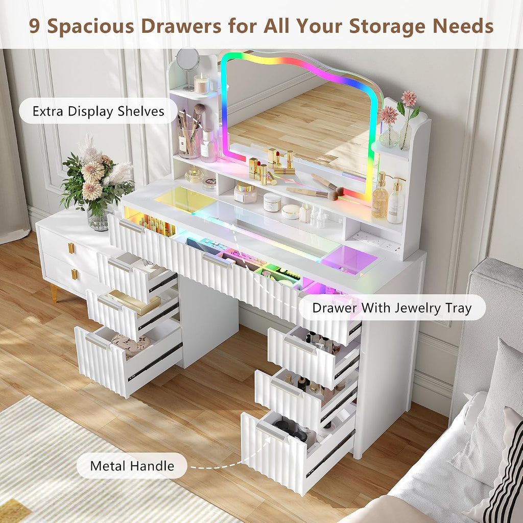 Fluted Makeup Vanity with Large Storage & RGB Lighting, Vanity Desk with 9 Drawers, Jewelry Organizer, Open Shelves & Charger Station, Dressing Table Gift for Women/Girls/Lady, White