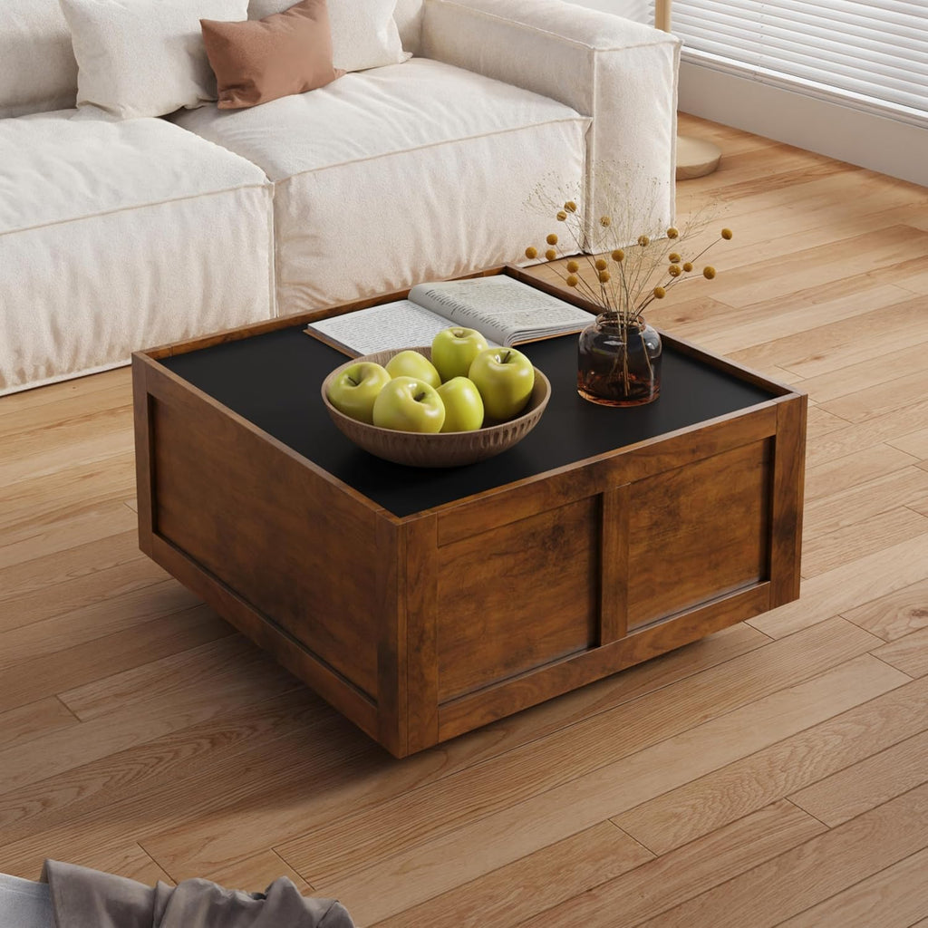 HedoAjim Farmhouse Coffee Table with 2 Storage Drawers for Living Room Square Center Middle Table Modern Cocktail Table Contemporary Mid Century Wood Home Office Waiting Room, Black Rustic