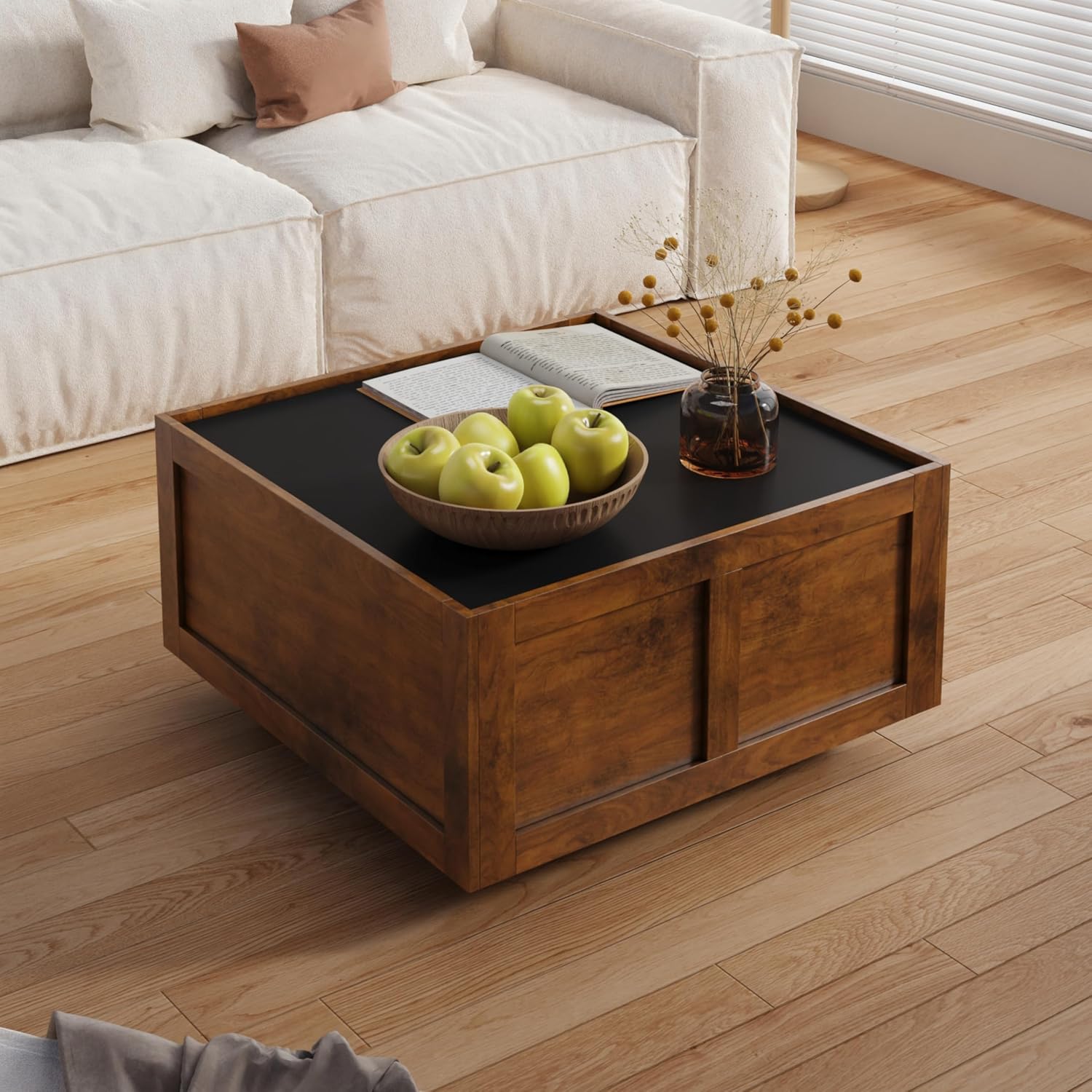 HedoAjim Farmhouse Coffee Table with 2 Storage Drawers for Living Room Square Center Middle Table Modern Cocktail Table Contemporary Mid Century Wood Home Office Waiting Room, Black Rustic