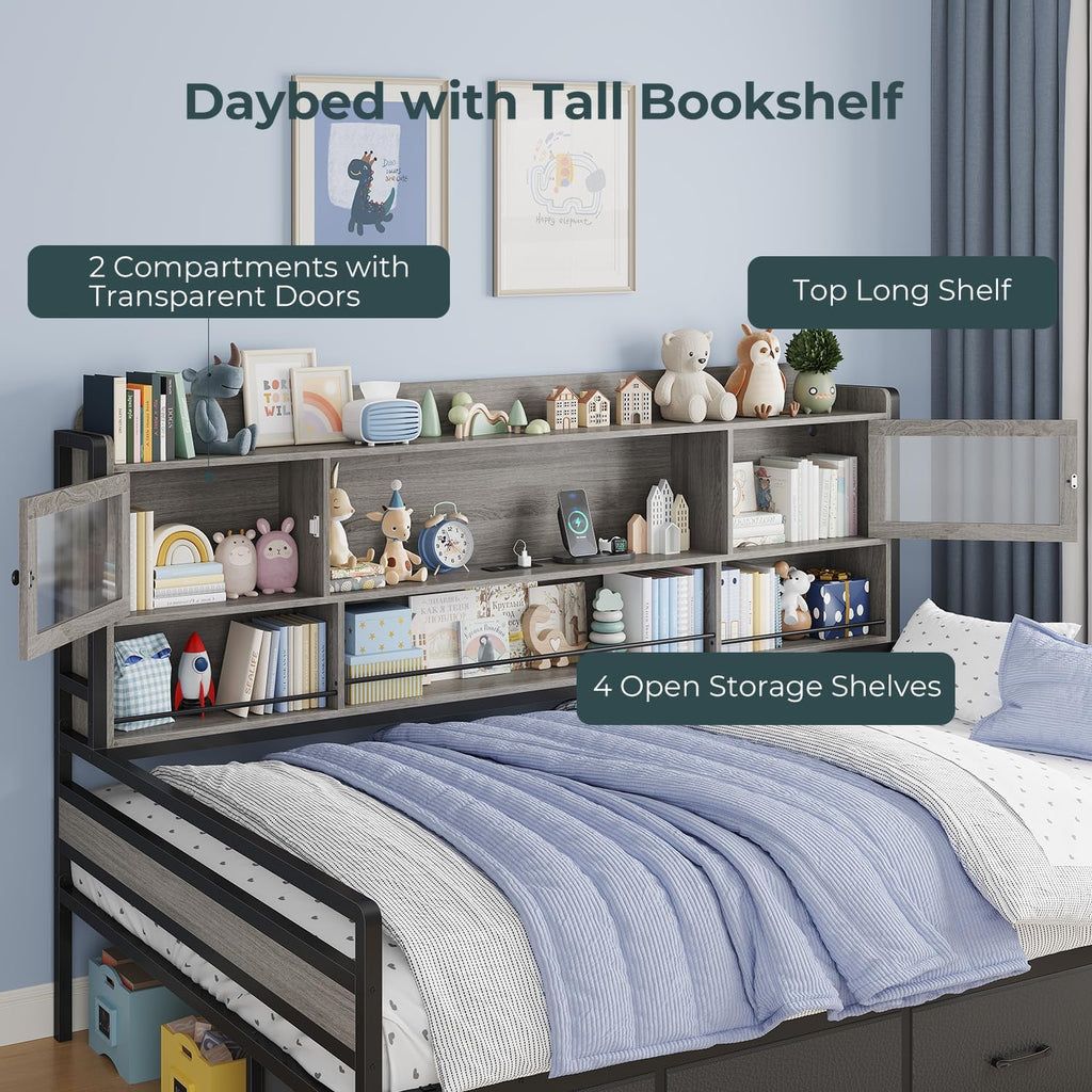 BTHFST Twin Daybed with 4 Storage Drawers & 3-Tier Bookshelf, Day Bed with RGB Lights & Charging Station, LED Corner Bed Frame with Storage Headboard for Bedroom, Living Room, Guest Room, Grey