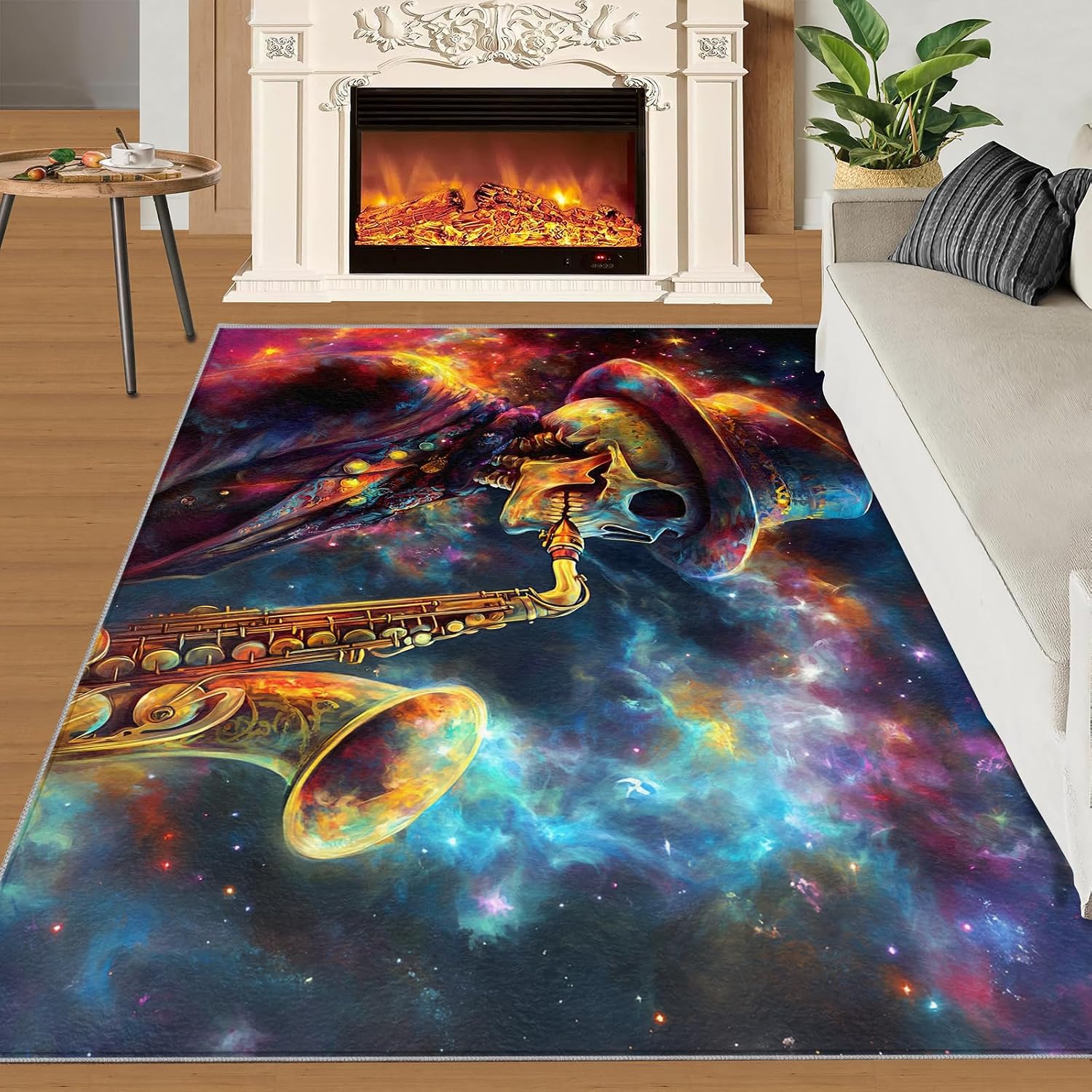 Saxophone Rug Large - 5x7 Rug, Skull Area Rugs for Living Room, Music Lovers Washable Carpet for Bedroom, Fantasy Galaxy Rugs, Boys Room Carpet - Saxophone Home Decor & Gift