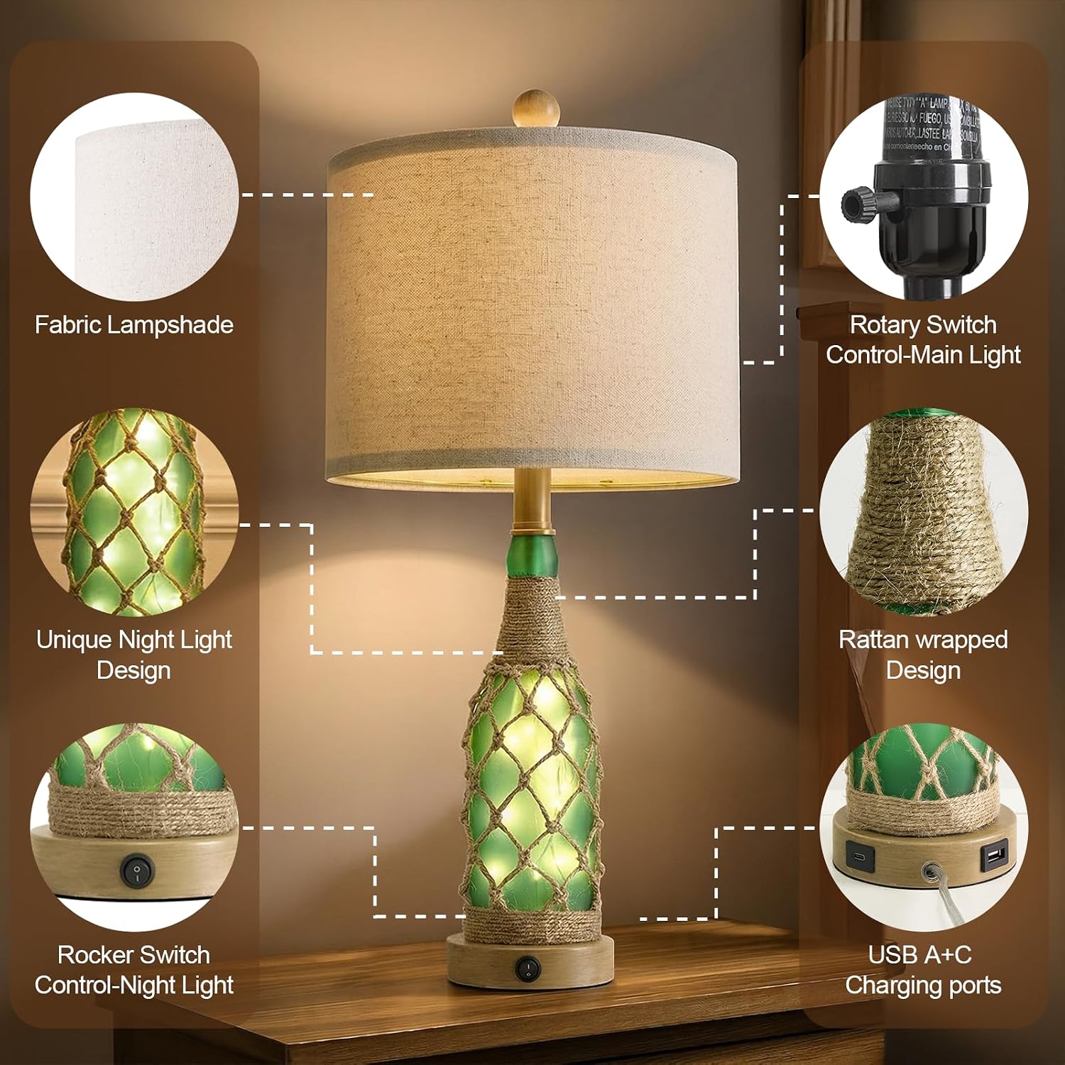 OYEARS 23'' Boho Table Lamps with Night Light for Living Room, Bedside Lamps Set of 2 with A+C Charging Ports for Bedroom, Farmhouse USB Lamps for Nightstand Console, Glass Bottle Rope Base, Green