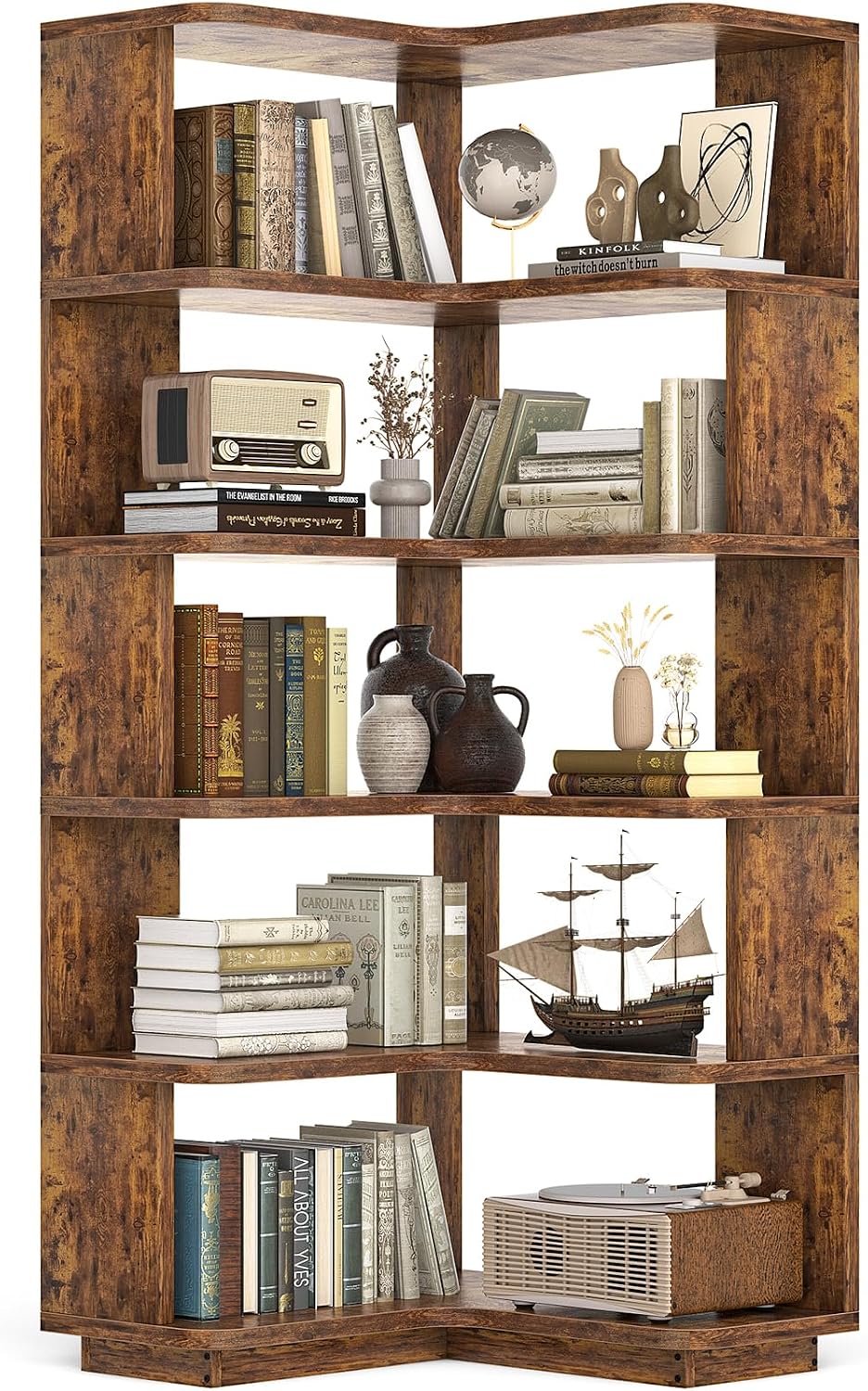Besiost Corner Book Shelf, 6-Shelf Corner Bookshelf for Small Corner Spaces, L-Shape Bookcase Corner Display Shelf for Home Office, Living Room, Bedroom, Kitchen Pantry, Rustic Brown