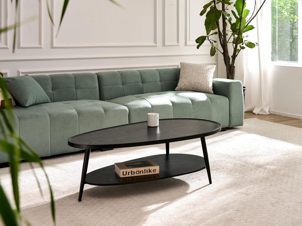 AGV Oval Coffee Table with Storage Shelf 47' Mid Century Modern Coffee Table,Black Wood Finish MDF Top with Black Metal Legs for Living Room,Office or Small Space
