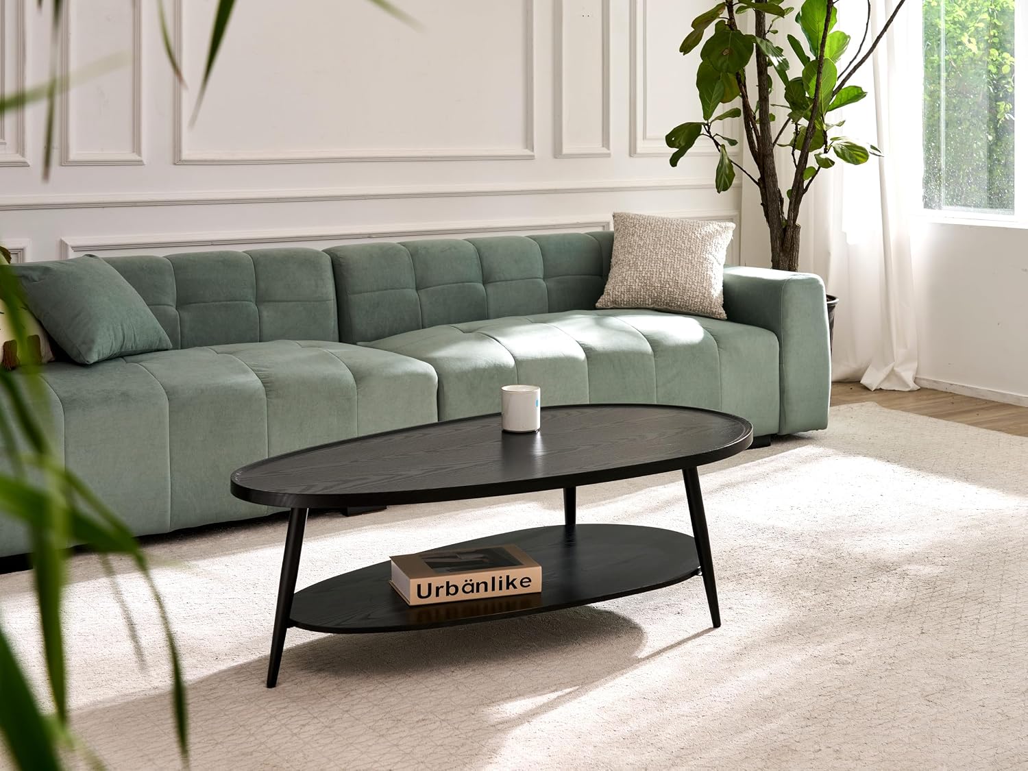 AGV Oval Coffee Table with Storage Shelf 47' Mid Century Modern Coffee Table,Black Wood Finish MDF Top with Black Metal Legs for Living Room,Office or Small Space