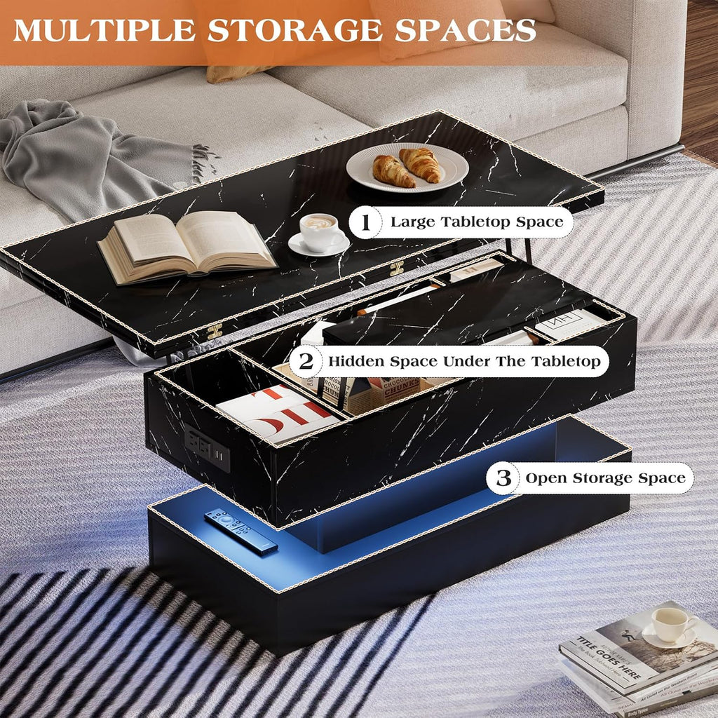 SYESWAY 39.4' Lift Top Coffee Table with Charging Station, 4-in-1 Multifunctional Coffee Table with Storage & Hidden Compartments, High-Glossy Marbling Print LED Center Table for Living Room, Black