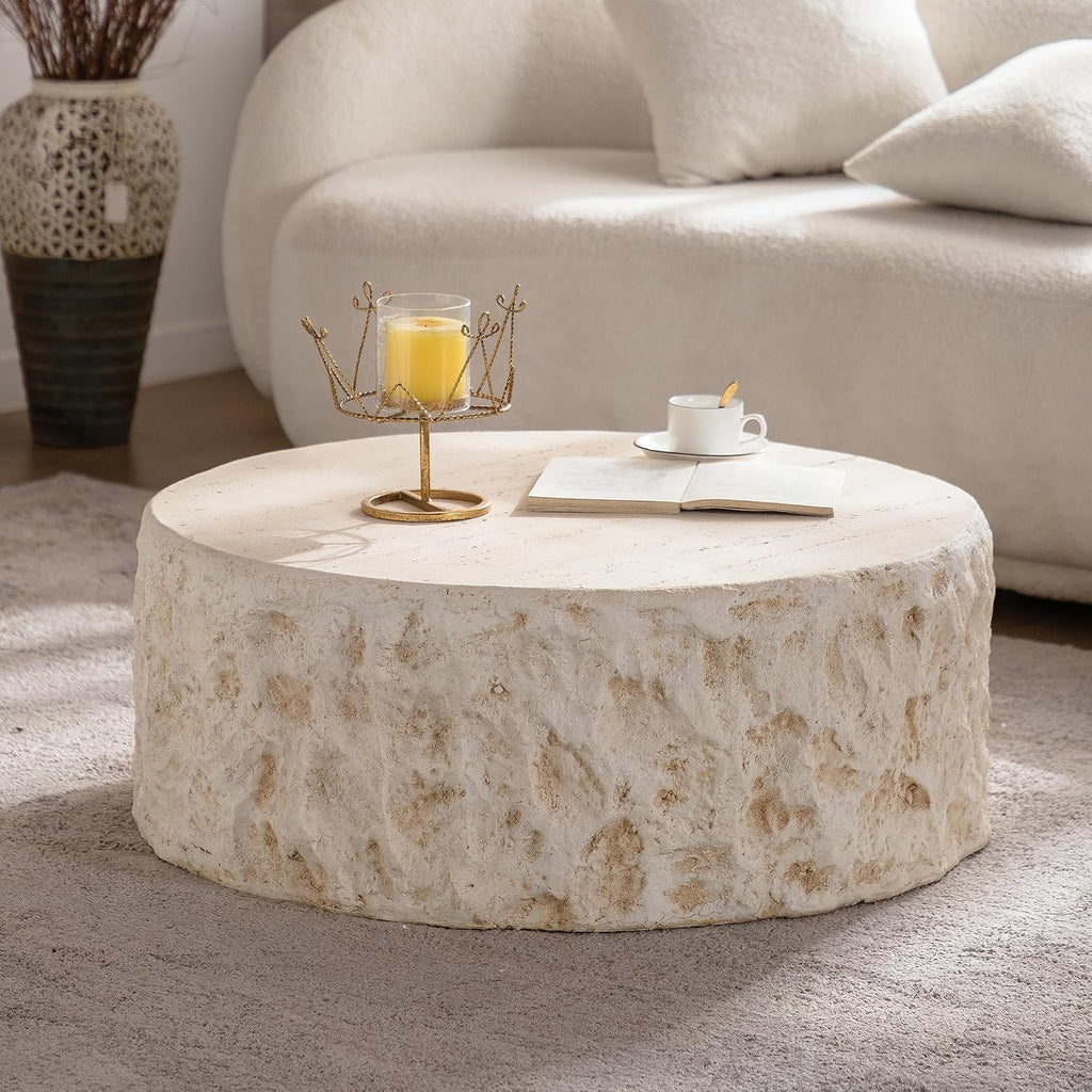 35.43' MgO Round Coffee Table for Living Room, Mid-Century Modern Vintage Faux Stone Circle Center Table for Office Apartment, Beige
