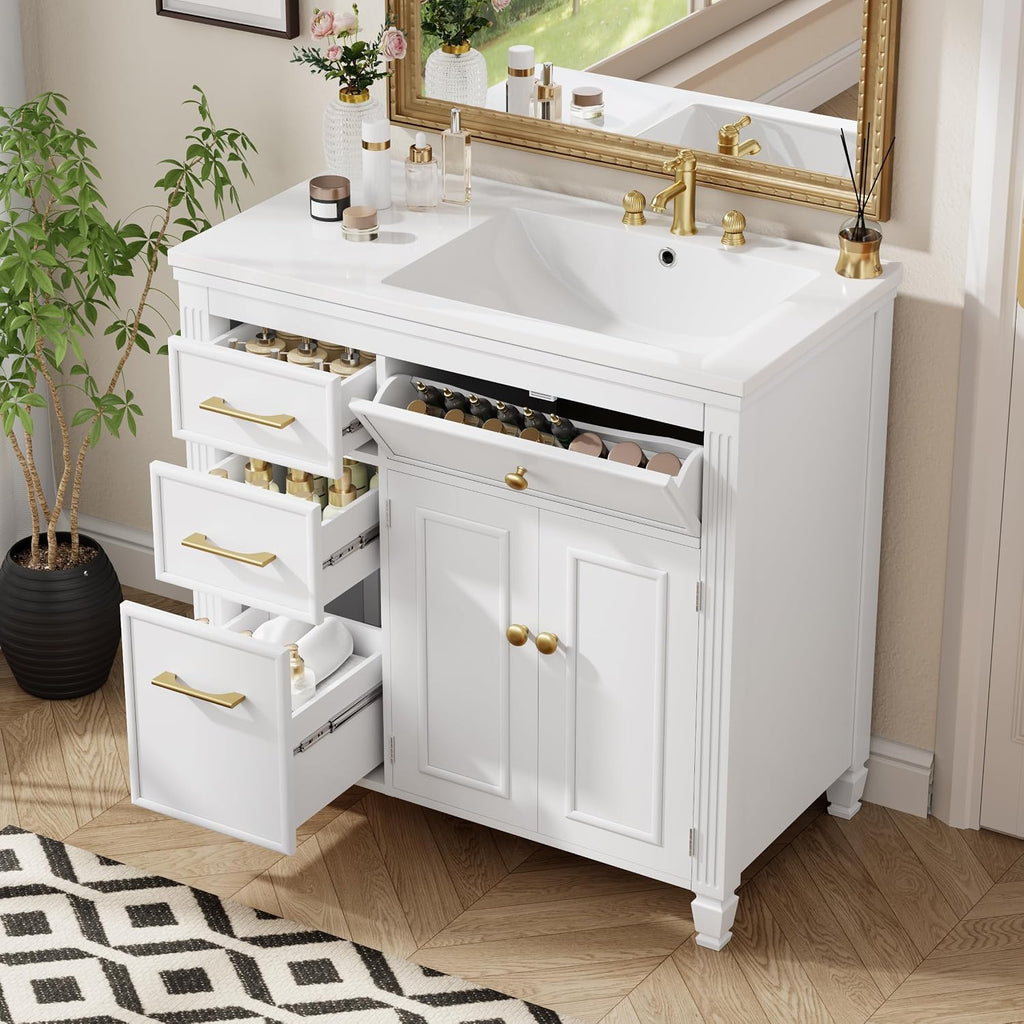 Merax 36' Bathroom Vanity with Ceramic Sink Set Combo, Tip-Out Drawer, Storage Cabinet Organizer with 2 Doors and Adjustable Shelf, White