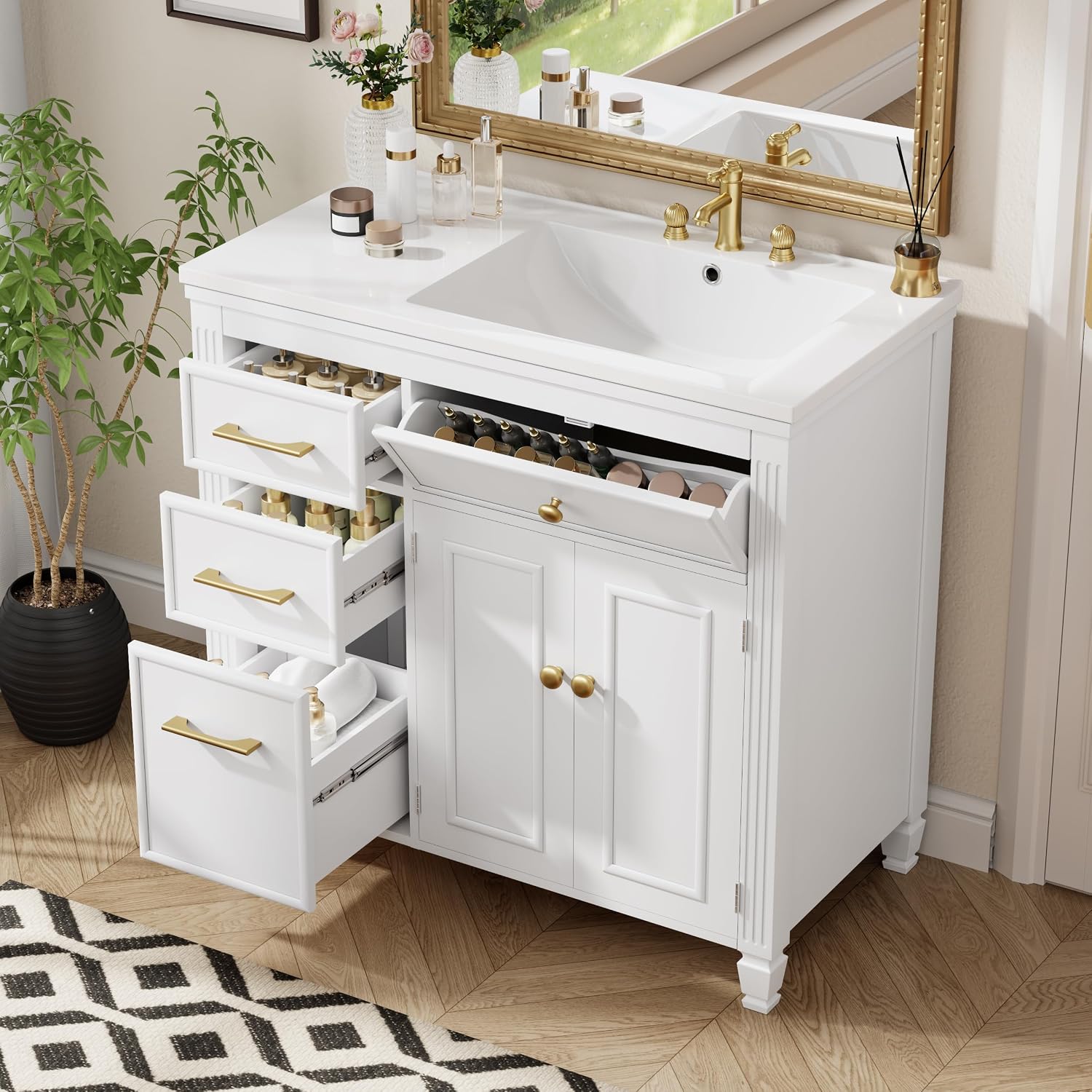 Merax 36' Bathroom Vanity with Ceramic Sink Set Combo, Tip-Out Drawer, Storage Cabinet Organizer with 2 Doors and Adjustable Shelf, White