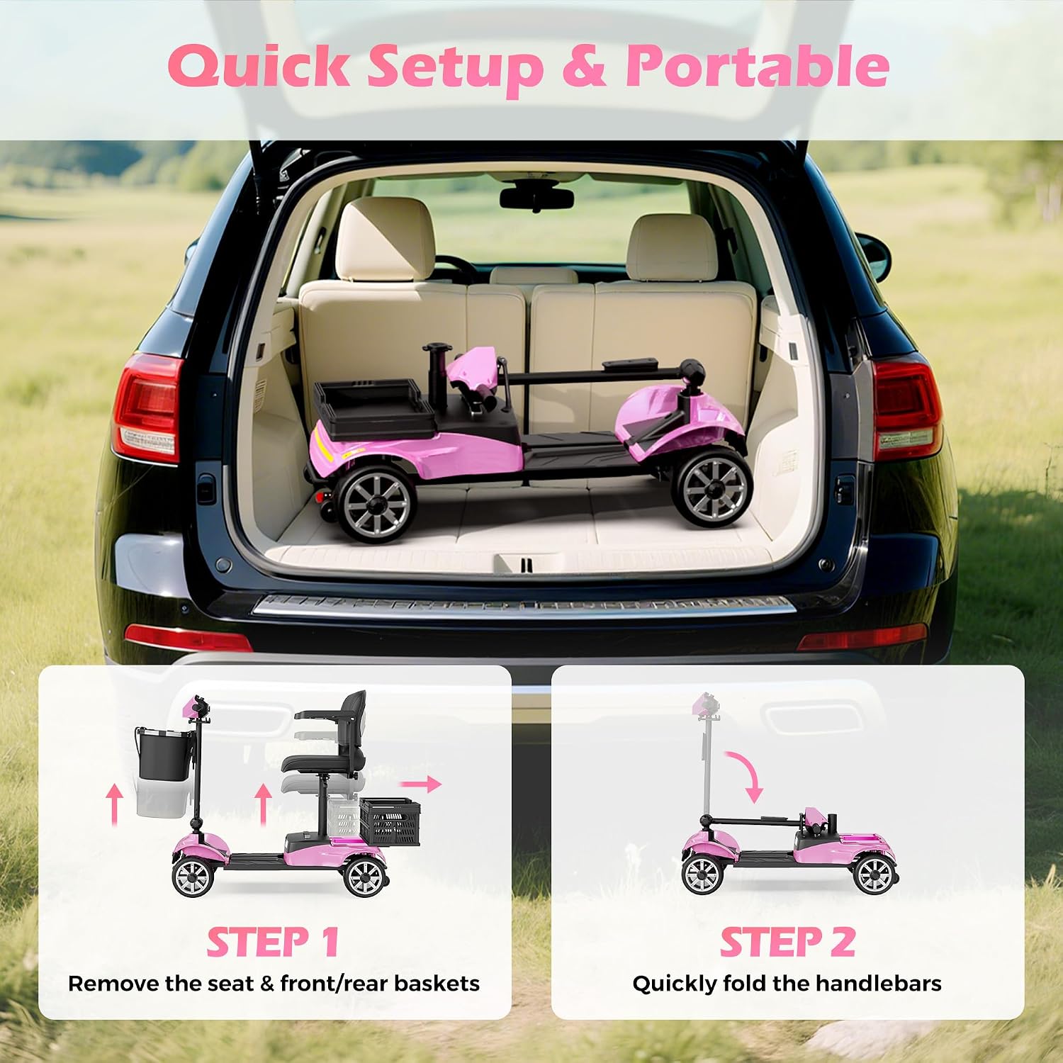 Mobility Scooter for Adults & Seniors with Removable Battery, Cruise & Airport Approved, Foldable Motorized Scooters with Dual Basket, Phone & Cup Holder, Pink