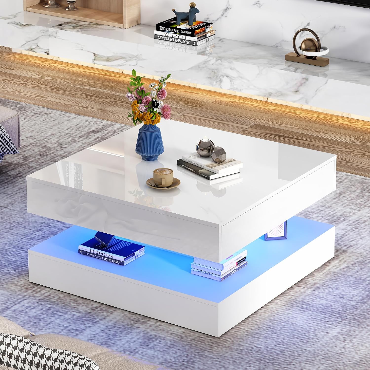 jiteentarou 33.9' LED Coffee Table with Storage, Modern High Glossy Living Room Table w/2 Drawers,Double-Layer Design Large Square Center Table for Living Room, Home, Office, White