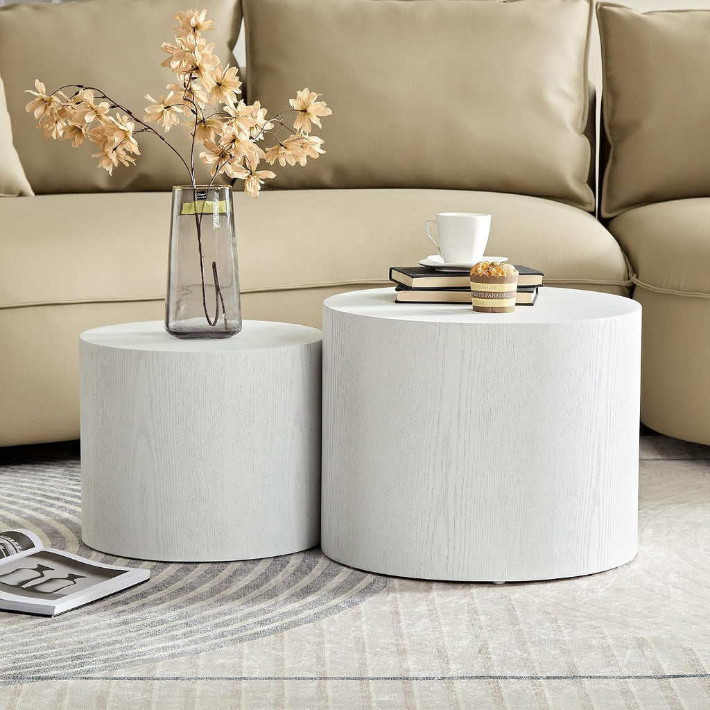 Small Round Nesting Coffee Table Set of 2, Wood Grain Circle Side End Accent Tables for Small Spaces Living Room Bedroom Balcony Office, White