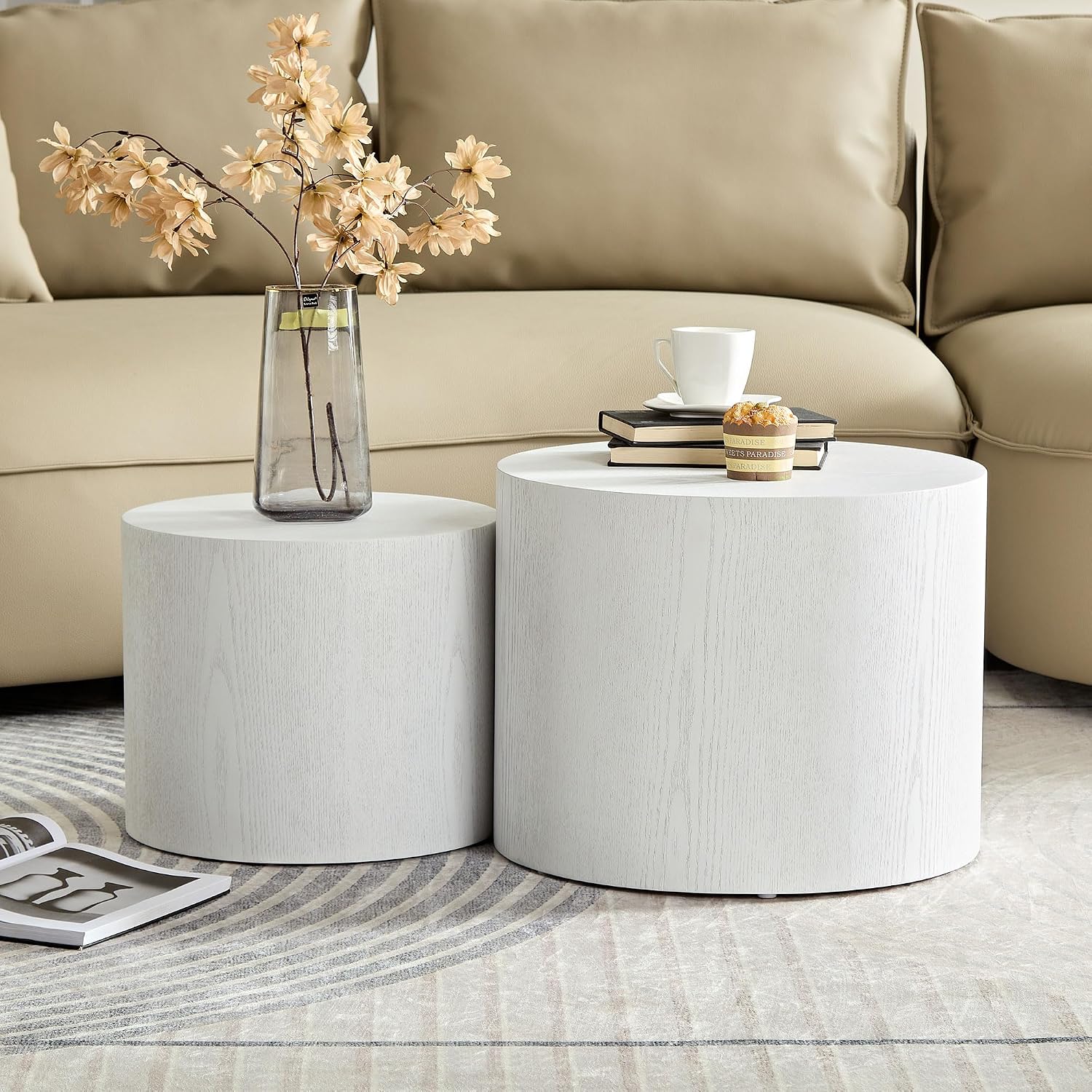 Small Round Nesting Coffee Table Set of 2, Wood Grain Circle Side End Accent Tables for Small Spaces Living Room Bedroom Balcony Office, White