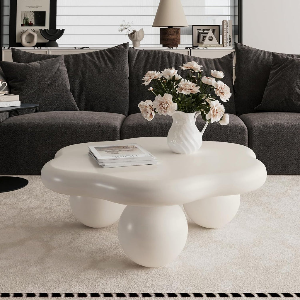 35.03' Cloud Coffee Table for Living Room Unique Coffee Table Modern Low Coffee Tables Cute Center Table with 3 Ball Legs for Small Space Apartment Cream Flower-White