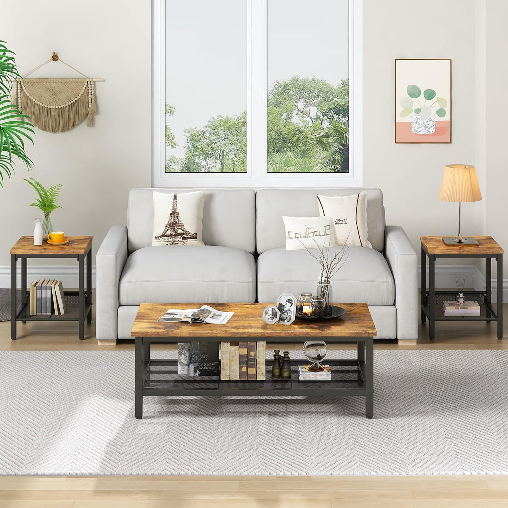 furlinkhm Coffee Table Set of 3, Industrial Coffee Table with 2 Square End Side Tables, Modern Living Room Table Set, with Metal Frame, for Apartment Home Office, Brown