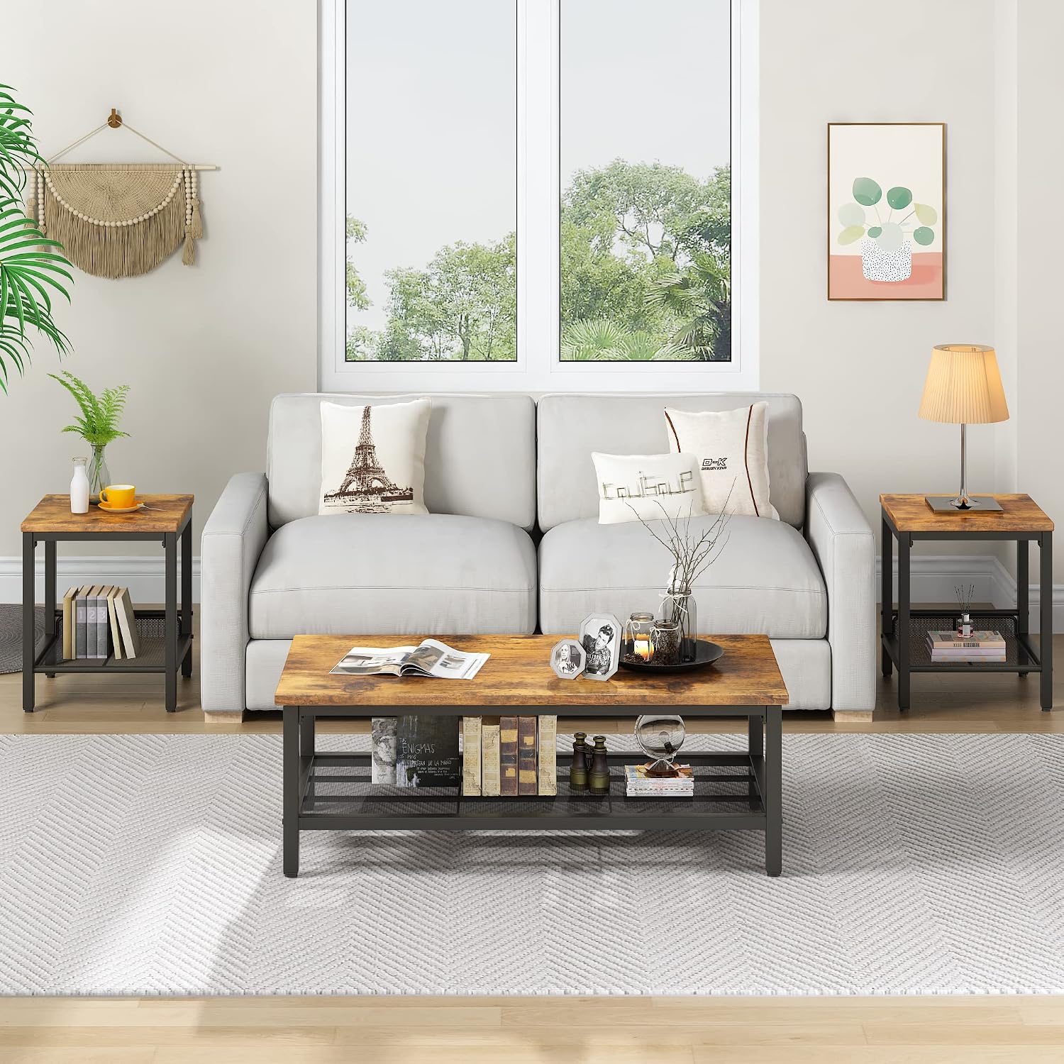 furlinkhm Coffee Table Set of 3, Industrial Coffee Table with 2 Square End Side Tables, Modern Living Room Table Set, with Metal Frame, for Apartment Home Office, Brown