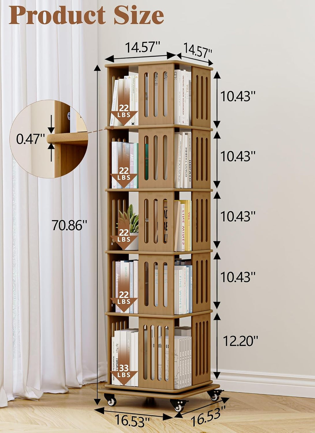 Baoz 60' Tall Rotating Bookshelf Tower, 5 Tier Walnut Spinning Bookcase | 360° Square Bamboo Revolving Book Shelf with 4 Wheels, Wood Narrow Book Case for Small Spaces, Floor Standing for Office