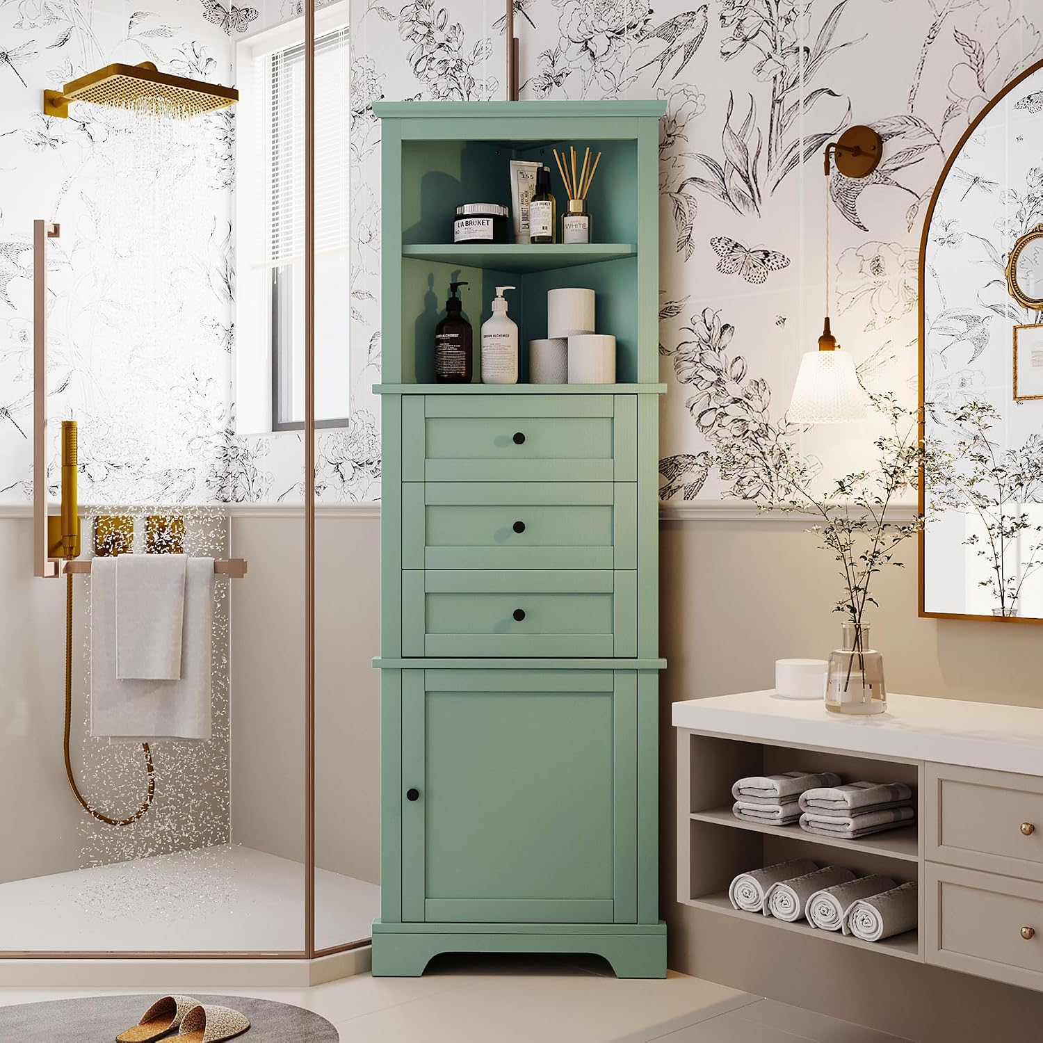Triangle Tall Bathroom Storage Cabinet, Corner Storage Cabinet | with 3 Drawers, 1 Cabinet & Adjustable Shelves for Bathroom Kitchen Living Room (Green, 23'W x 13.4'D x 68.9'H)