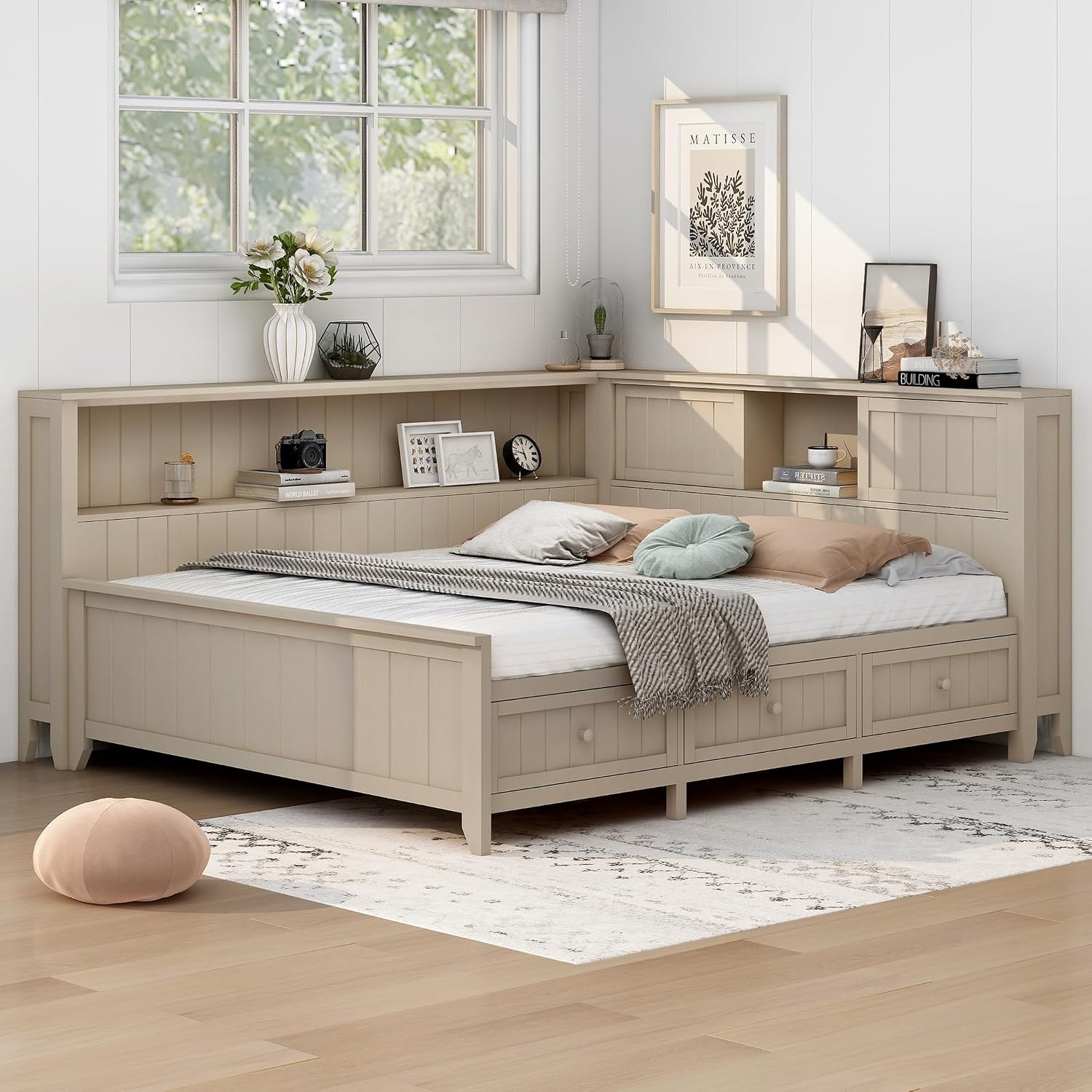 Full Size Daybed with Storage Shelves and 3 Drawers, Antique White Milk, Solid Wood + MDF, Farmhouse Corner Daybed Frame with Storage for Living Room, Bedroom, Guest Room