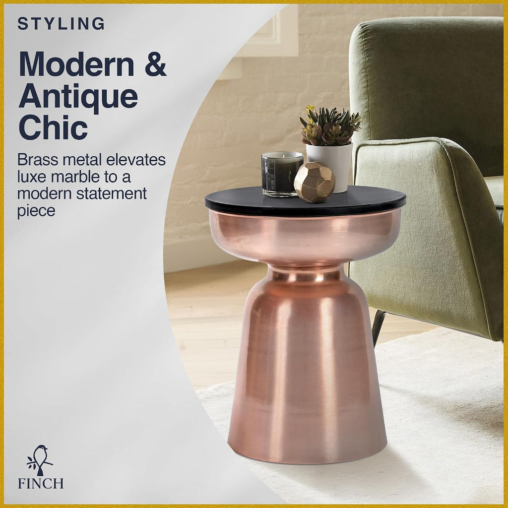 Click365 Adler Granite Accent Side Table, 16 Inch Round End Table with Hourglass Rose Gold Metal Base, Modern Nightstand or Bedside Table for Living Room or Bedroom, Polished Black & Rose Gold