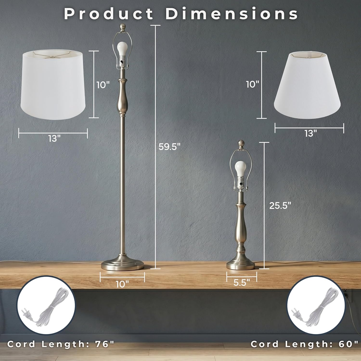3-Piece Home Lighting Set - Coordinating Bundle with 2 Table Lamps and 1 Floor Lamp for Home and Office Decor by Lavish Home (Silver)