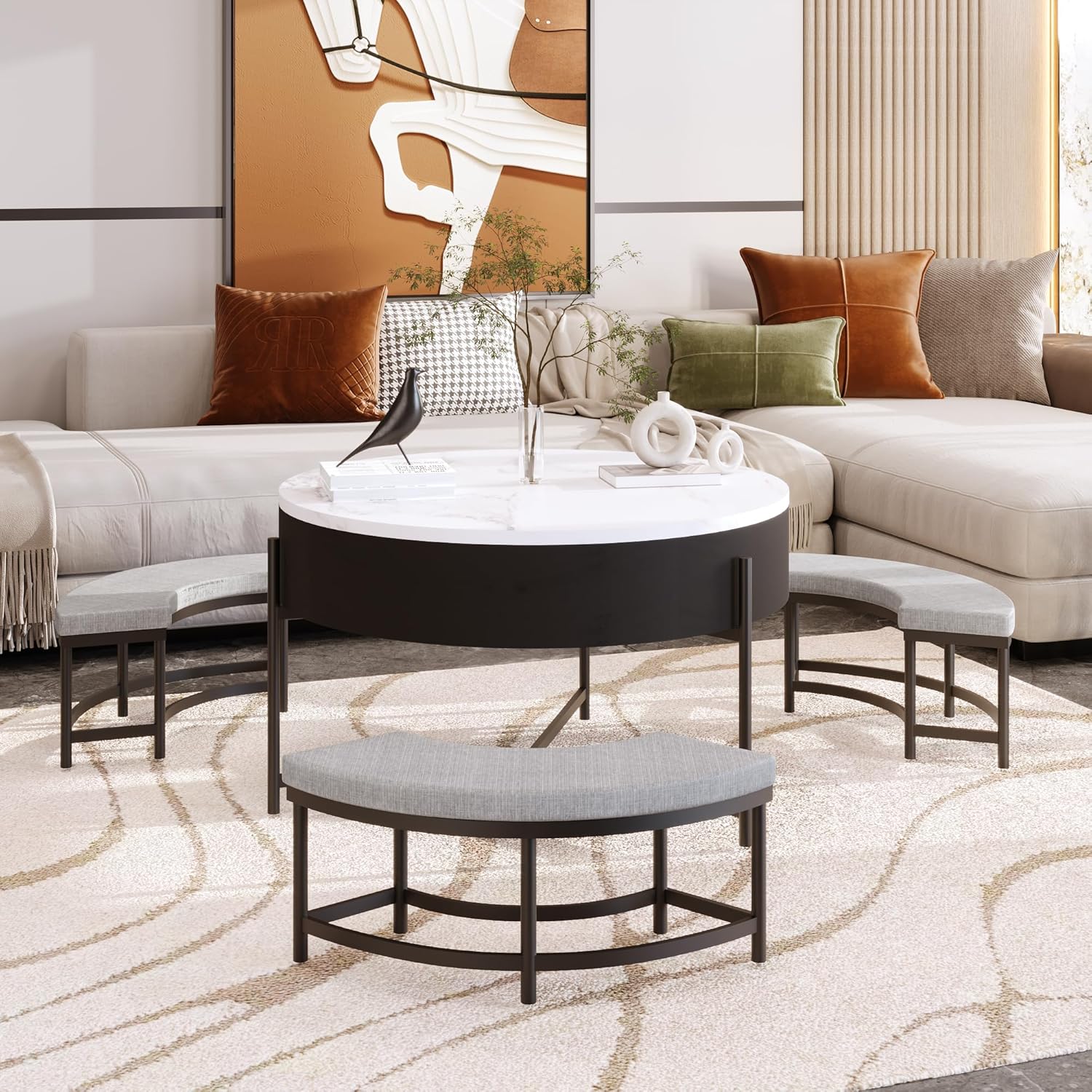 Modern Round Lift-Top Coffee Table with Storage & 3 Ottoman for Living Room White & Black