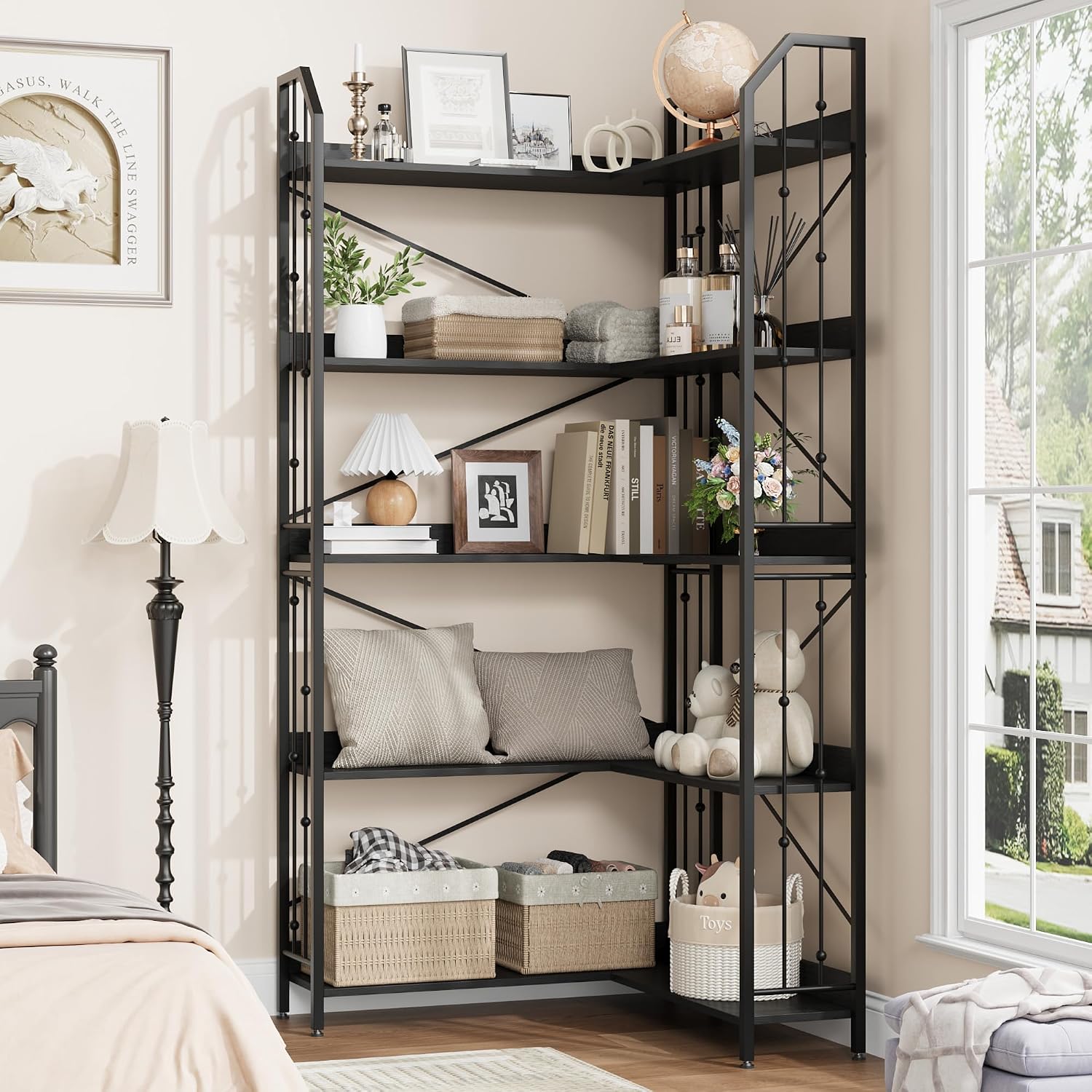 Takywep 72' Corner Bookshelf, l-Shaped 5 Tier Bookcase, Tall Corner Bookcase with Beaded Design, Large Display Shelf for Living Room Bedroom Black